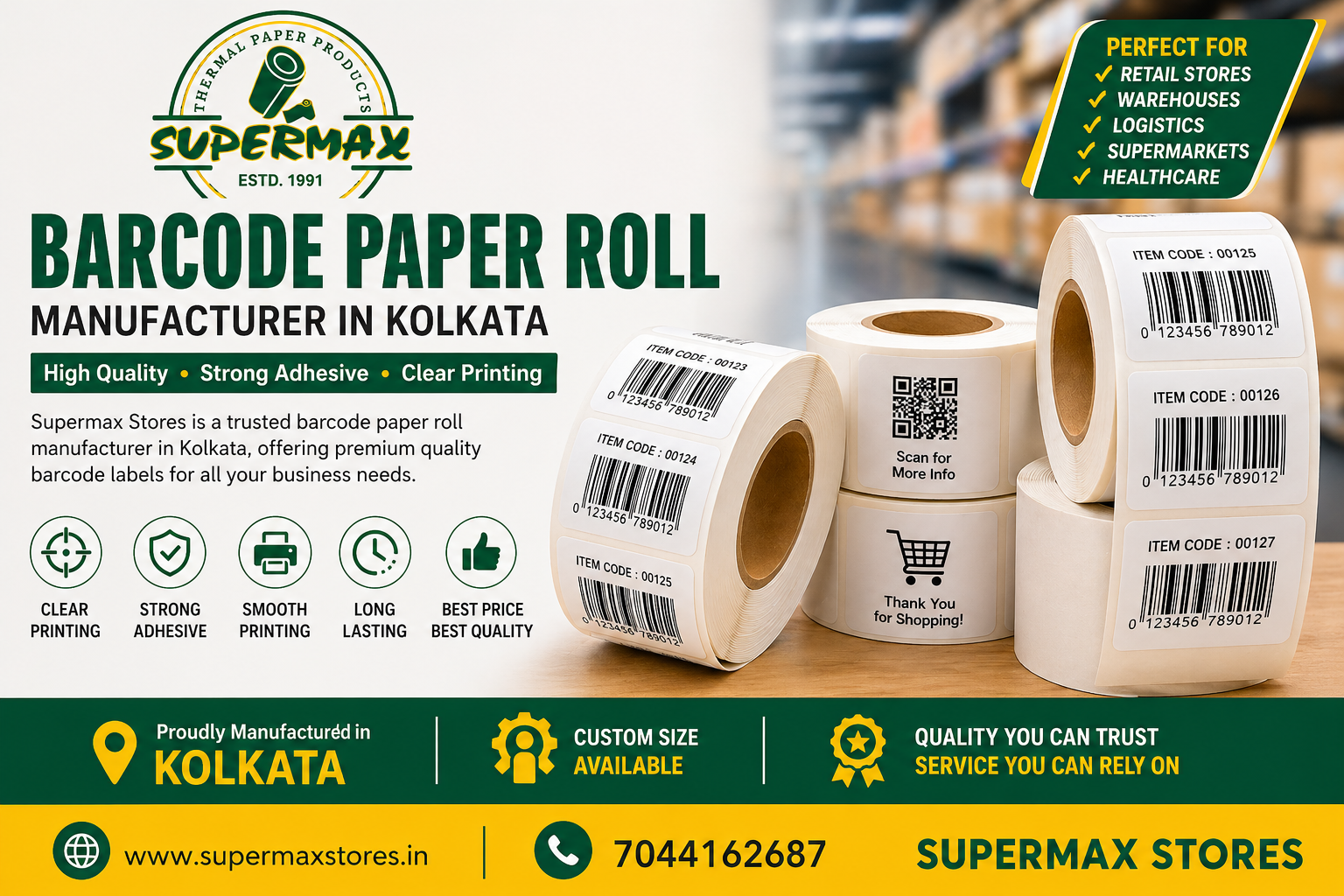 Barcode Paper Roll Manufacturer in Kolkata | Supermax Stores