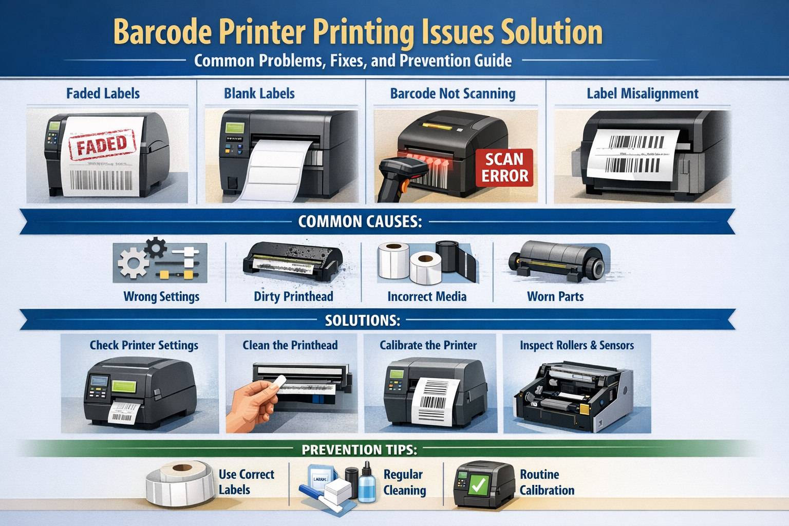 Barcode printer issues infographic showing faded labels, blank labels, barcode scan errors, and misaligned labels with solutions like checking settings, cleaning printheads, and using correct labels.