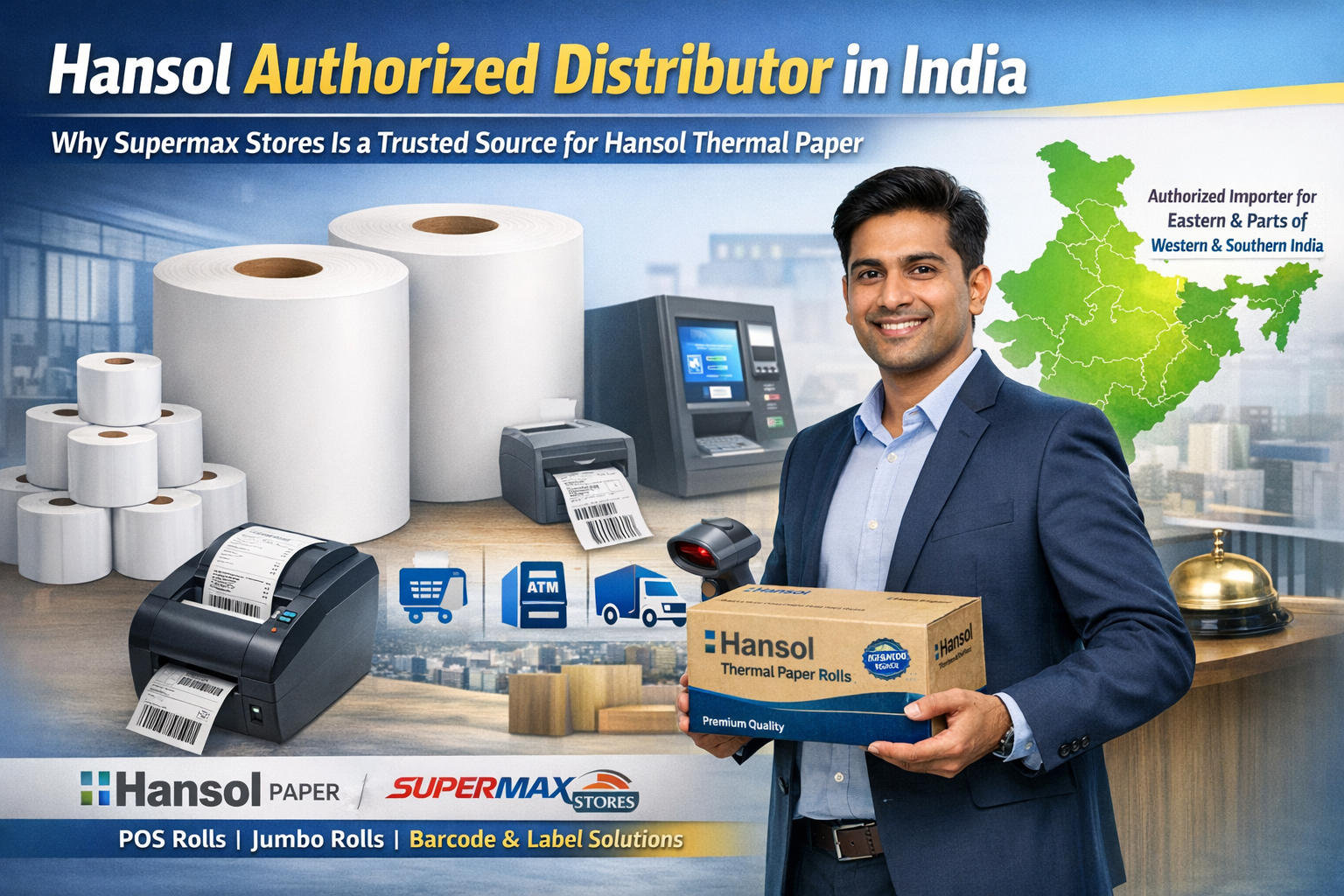 Man holding Hansol thermal paper rolls box with POS rolls, barcode printer, and map of India in background