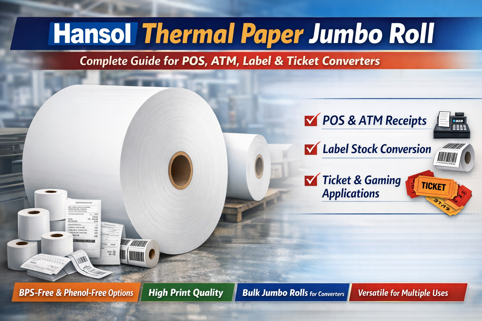 Large thermal paper jumbo rolls and smaller receipt rolls for POS, ATM, label, and ticket printing.