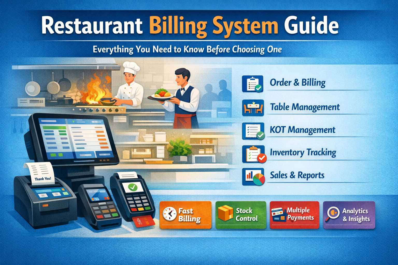 Restaurant billing system guide illustration showing POS devices, chef, waiter, and key features like order billing, table management, inventory tracking, sales reports, fast billing, stock control, multiple payments, analytics.