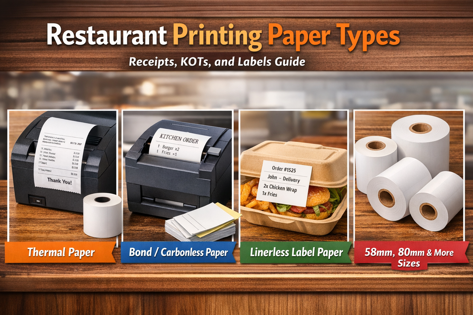 Various restaurant printing paper types: thermal, carbonless, linerless label and receipt rolls