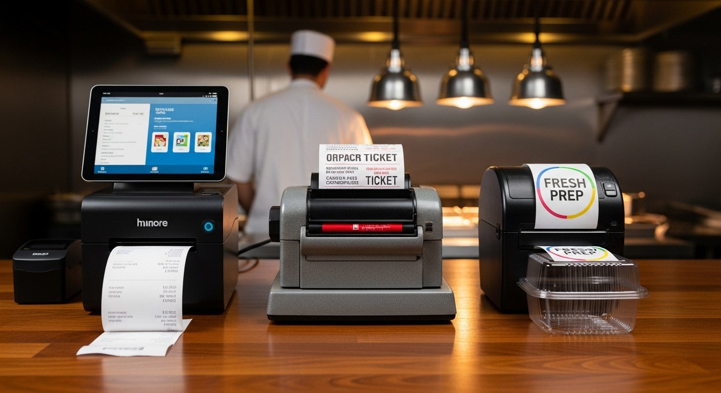 Restaurant countertop with receipt printer, kitchen ticket printer, and label printer for food packaging