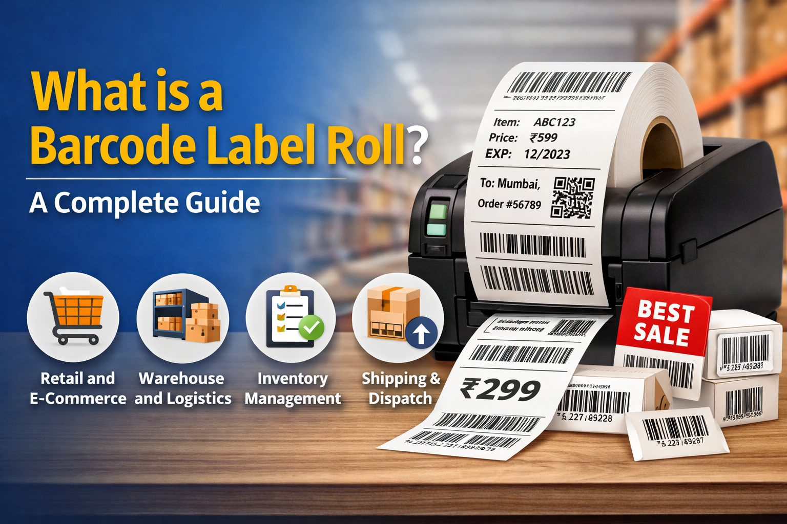 Barcode label roll printer with printed barcode labels, price tags, and warehouse background.