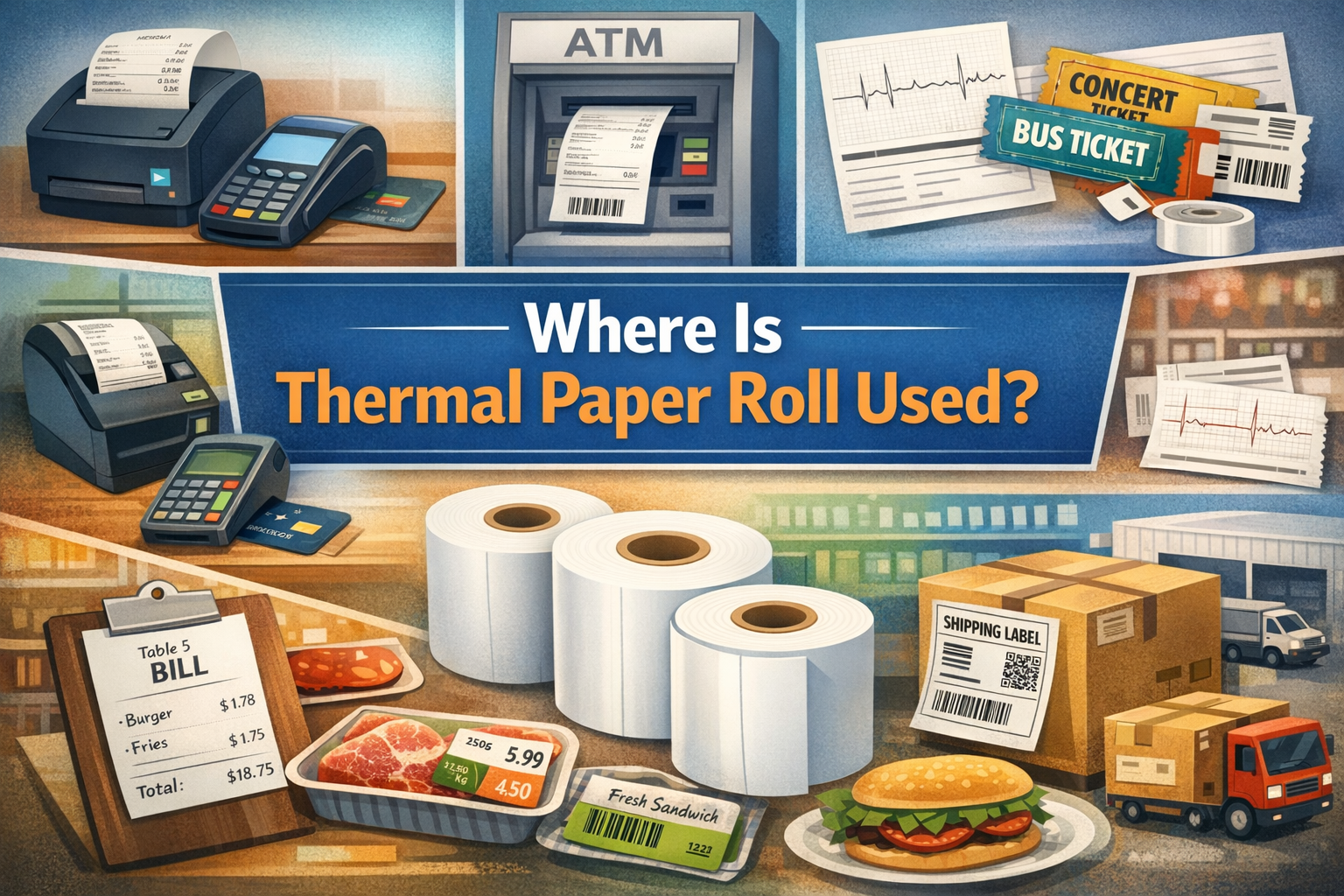 Thermal paper rolls used for receipts, shipping labels, tickets, bills, and price tags in retail and banking