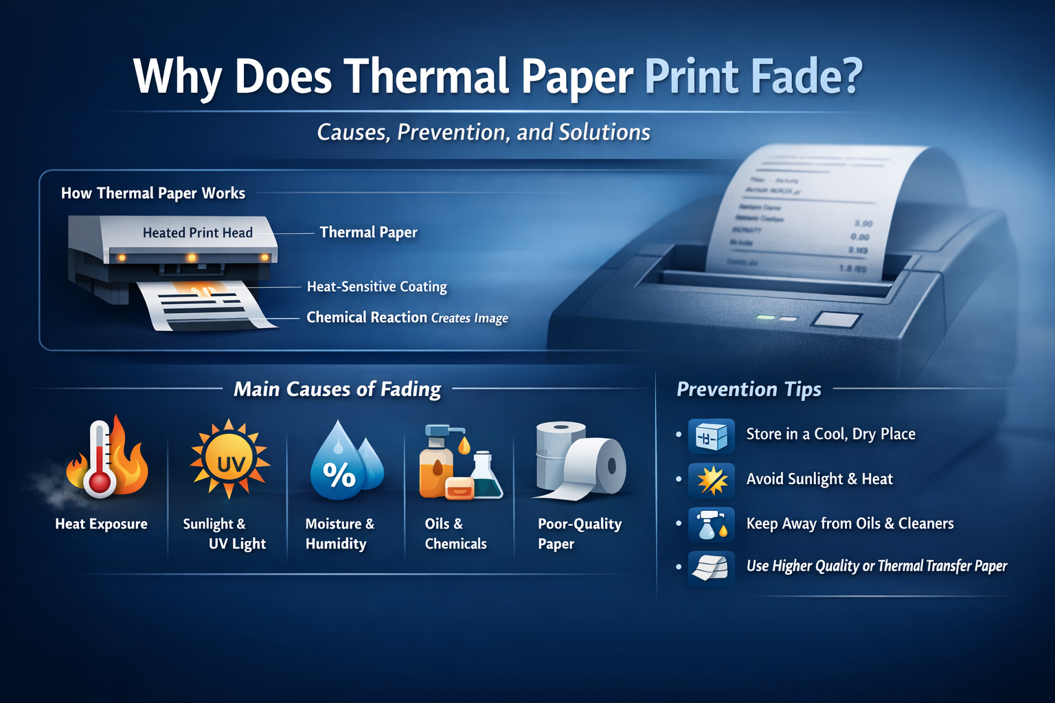 Thermal paper print fade causes and prevention infographic with printer, icons, and text.