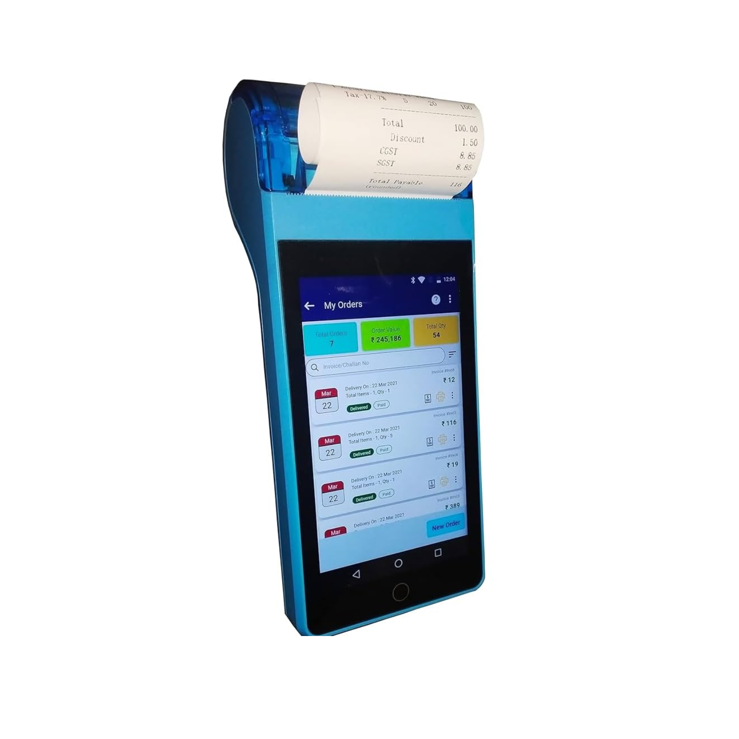 Handheld POS Terminal with Integrated Thermal Receipt Printer (5-Inch Touchscreen Display / Order Management System / Bluetooth & Wi-Fi / Mobile Payment Processing / Generic / Blue)