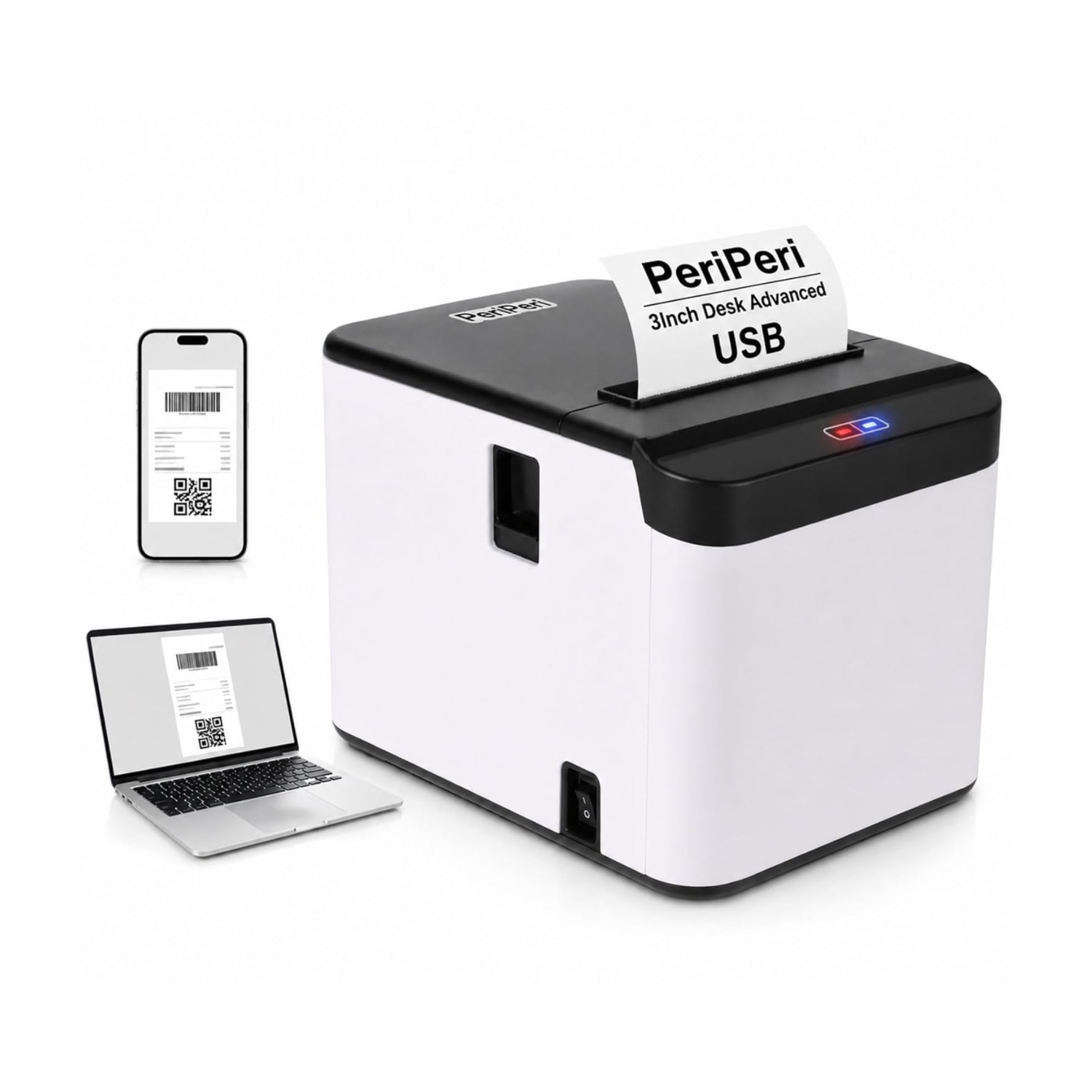 PeriPeri 80mm Thermal Receipt Printer (USB Interface / Inkless POS Billing Printer with Auto Cutter & Sound Beeper / Android, Windows & Mac OS Support / High-Speed 3-Inch Desktop Printer / 1 Year Warranty / Black & White)