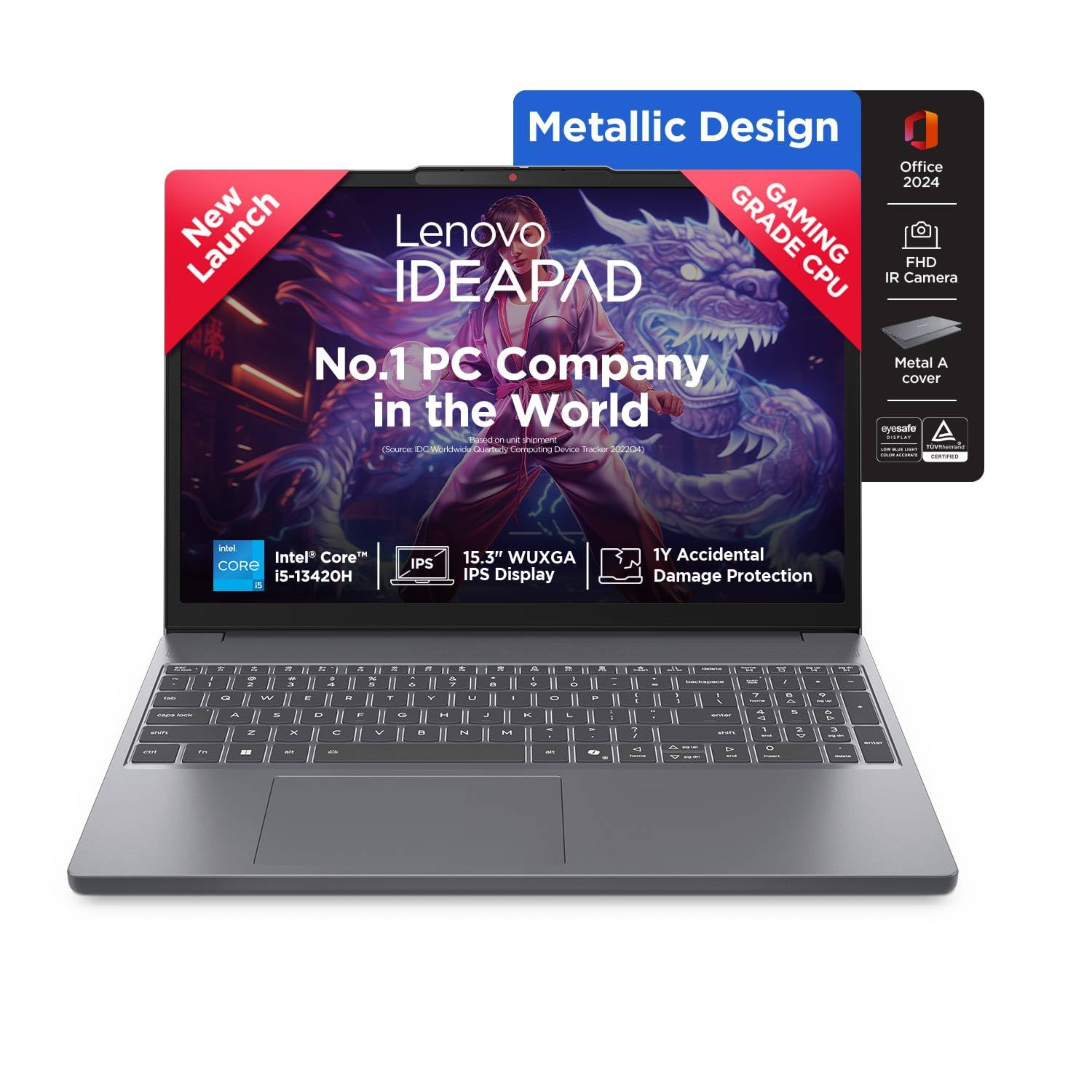 Lenovo IdeaPad Slim 3 15.3" WUXGA IPS Laptop - 13th Gen Intel Core i5-13420H, 16GB RAM, 512GB SSD, Top Metal Cover, Backlit Keyboard, Windows 11 Home, MS Office 2024 (Grey, 1.6kg, 83K100CGIN)