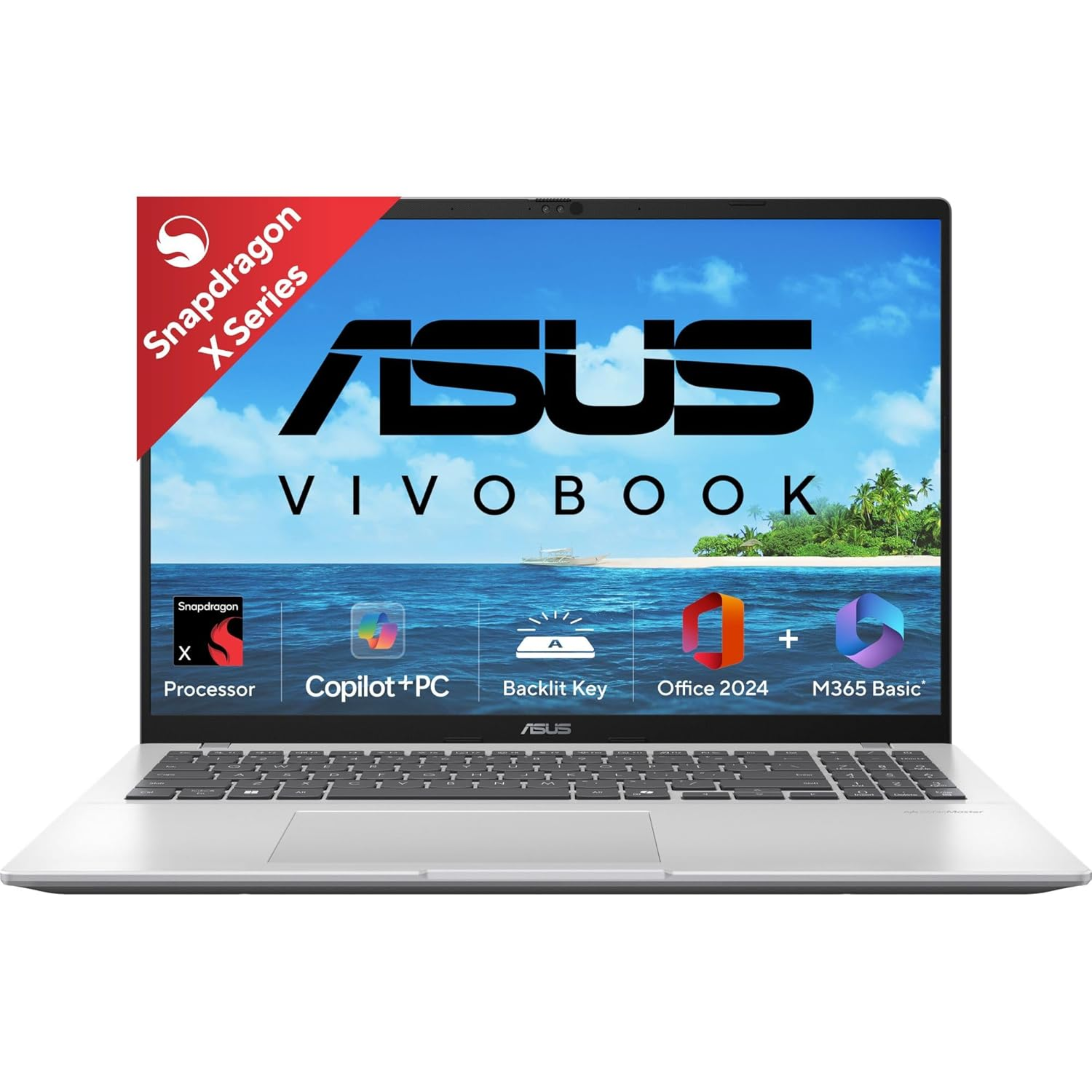 ASUS Vivobook 16 Copilot+ PC 16.0" FHD+ Laptop - Snapdragon X Series (45 TOPS NPU), Qualcomm Adreno iGPU, 16GB RAM, 512GB SSD, Backlit Keyboard, Windows 11, MS Office 2024 (Cool Silver, 1.88kg, X1607QA-MB050WS)