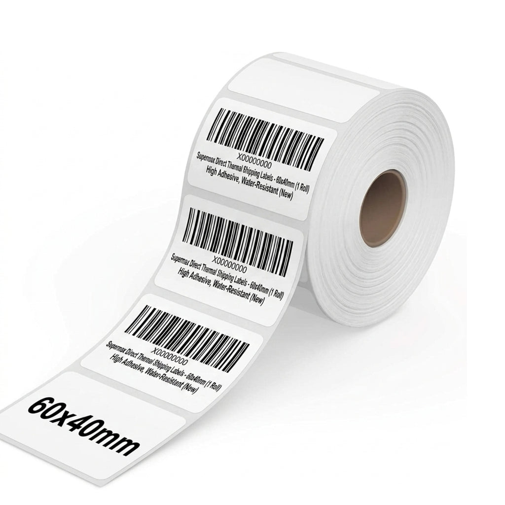 60x40mm Direct Thermal Barcode Label Roll | 1000 Labels Per Roll | 1 Up DT Sticker | Self Adhesive Shipping, POS & Logistics Labels