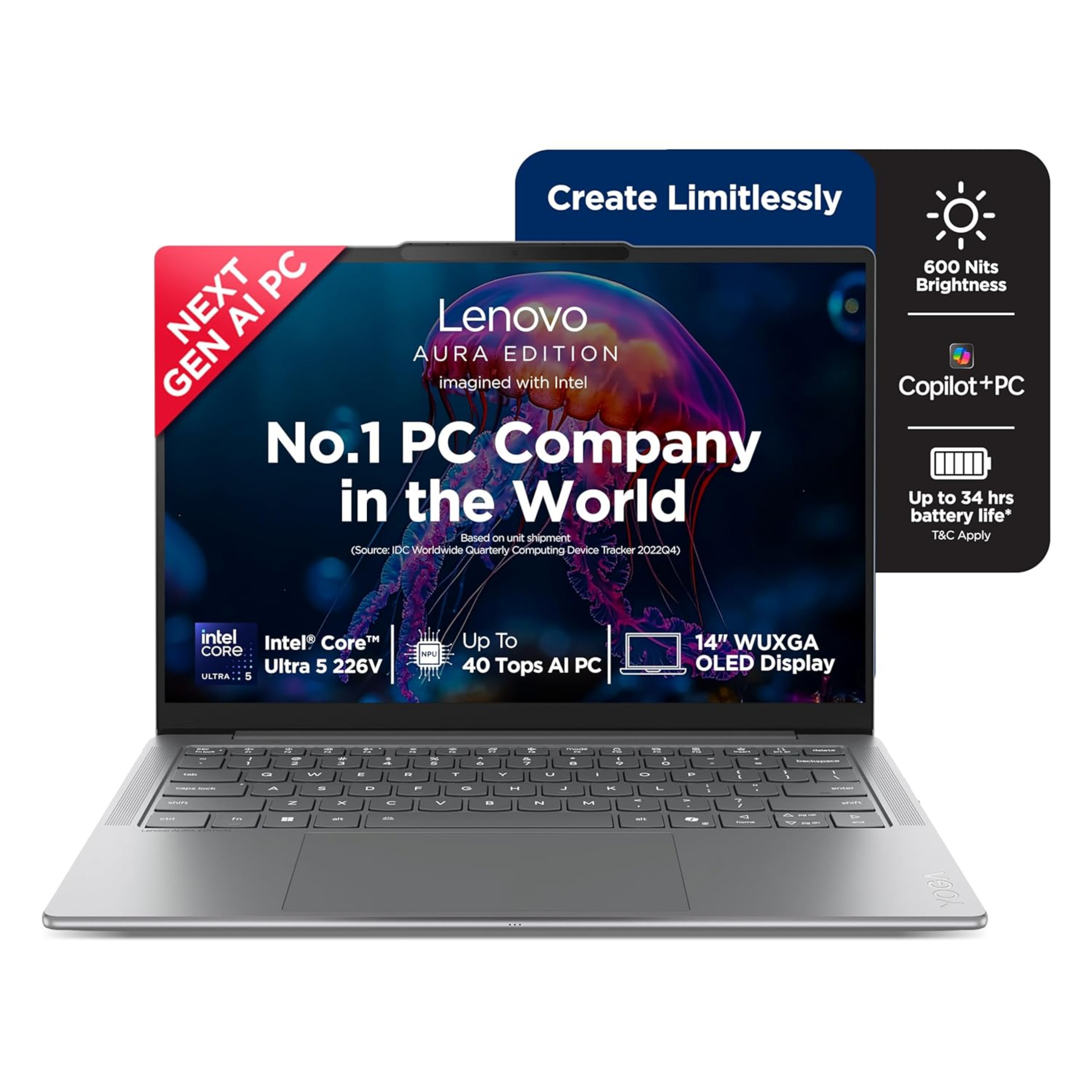 Lenovo Yoga Slim 7 Aura Edition 14" WUXGA OLED AI Laptop - Intel Evo Core Ultra 5 226V, 16GB RAM, 1TB SSD, Copilot+ PC, Windows 11, MS Office 2024 (Grey, 83JX005FIN)