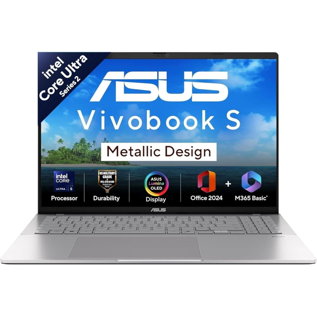 ASUS Vivobook S16 OLED Metallic Design 16.0" Laptop - Intel Core Ultra 5 225H, ASUS Lumina OLED Display, Intel iGPU, 16GB RAM, 512GB SSD, 70Whr Battery, Windows 11 Home, Office 2024 & Microsoft 365 Basic (Cool Silver, 1.70kg, S3607CA-SH071WS)