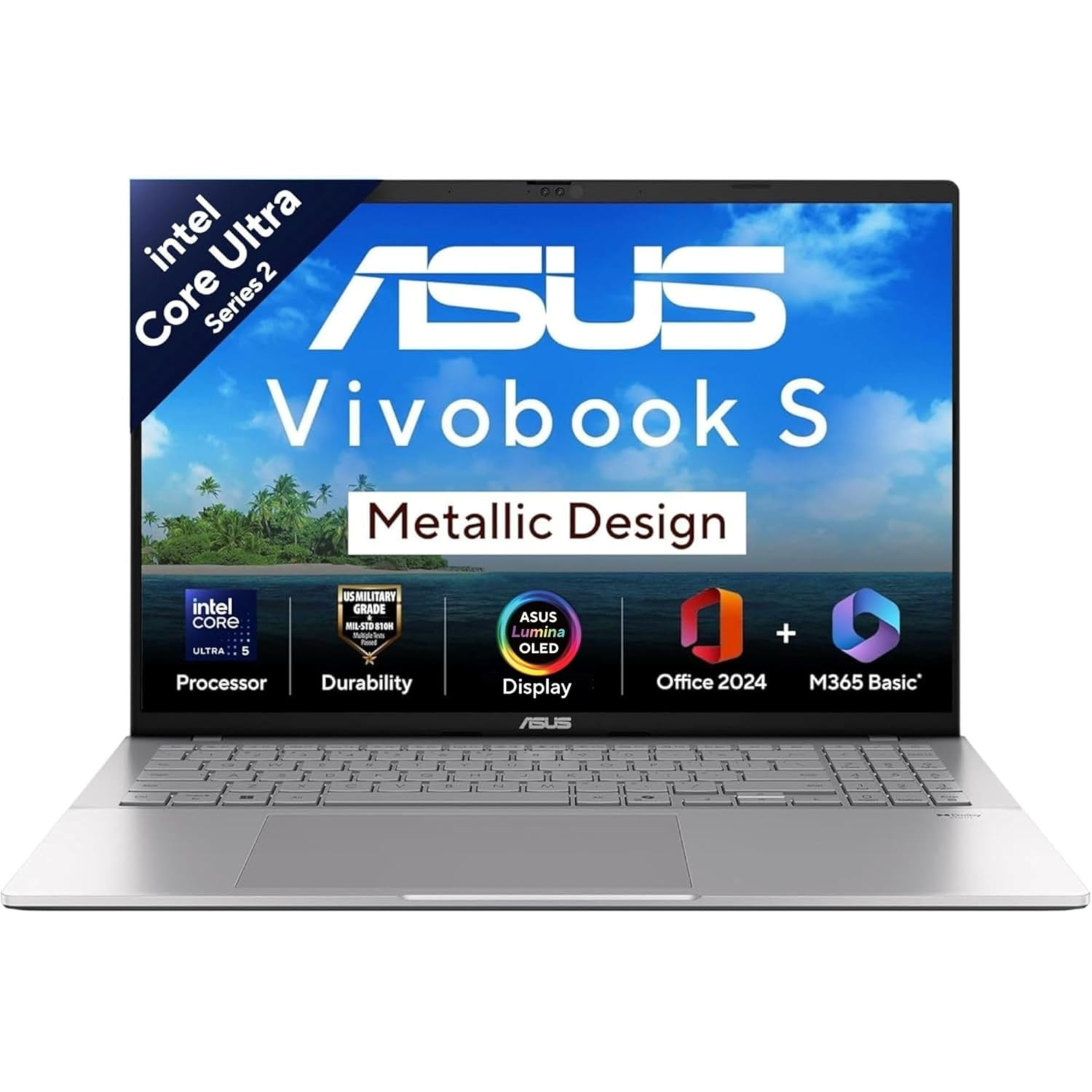 ASUS Vivobook S16 OLED Metallic Design 16.0" Laptop - Intel Core Ultra 5 225H, ASUS Lumina OLED Display, Intel iGPU, 16GB RAM, 512GB SSD, 70Whr Battery, Windows 11 Home, Office 2024 & Microsoft 365 Basic (Cool Silver, 1.70kg, S3607CA-SH071WS)
