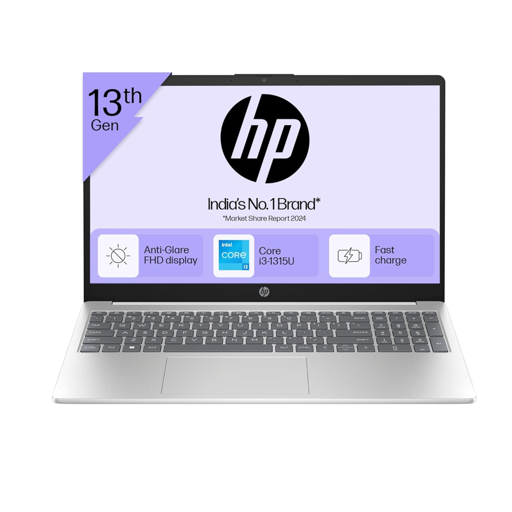HP 15 Thin & Light Laptop 15.6" FHD Anti-Glare - 13th Gen Intel Core i3-1315U, 8GB DDR4, 512GB SSD, Intel UHD Graphics, 1080p FHD Camera, Win 11, MSO 21 (Natural Silver, 1.59kg, 15-fd0465TU)
