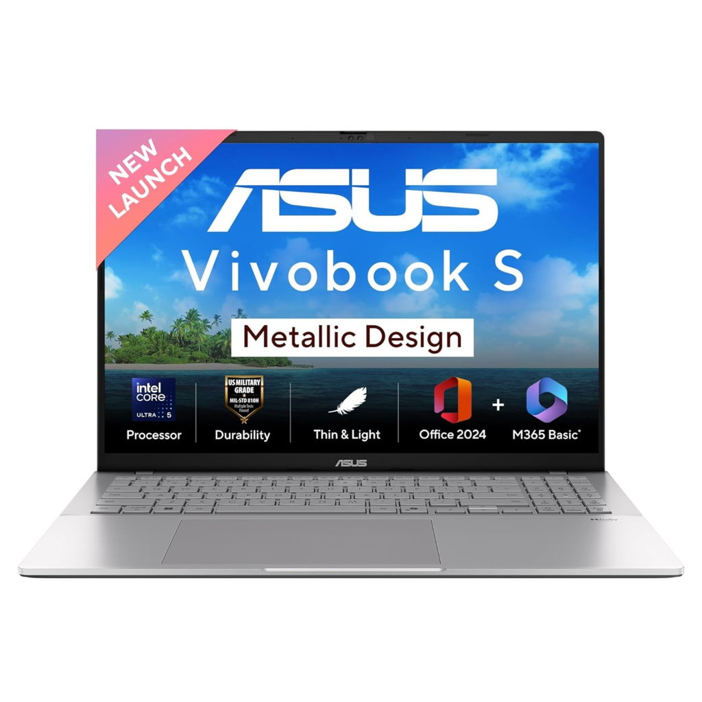ASUS Vivobook S16 Metallic Design 16.0" FHD+ Laptop - Intel Core Ultra 5 225H, Intel iGPU, 16GB RAM, 512GB SSD, Windows 11 Home, Office Home 2024 & Microsoft 365 Basic (Cool Silver, 1.70kg, S3607CA-RP065WS)