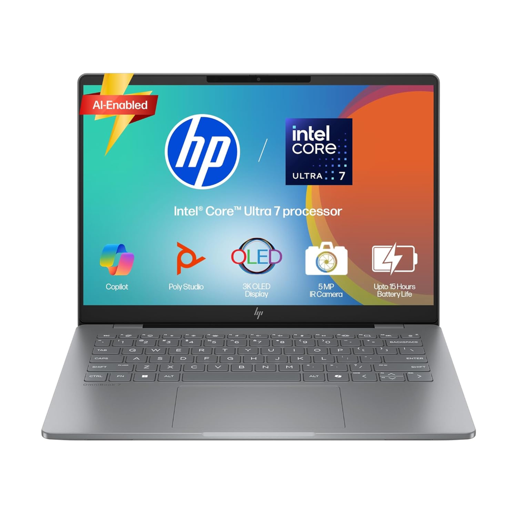 HP OmniBook 7 OLED 14" 3K AI Laptop - Intel Core Ultra 7 255H, 32GB LPDDR5 RAM, 1TB SSD, 120Hz 0.2ms Display, 5MP IR Camera, Backlit Keyboard, Windows 11, MS Office 2024 (Meteor Silver, 1.50kg, fr0116TU)