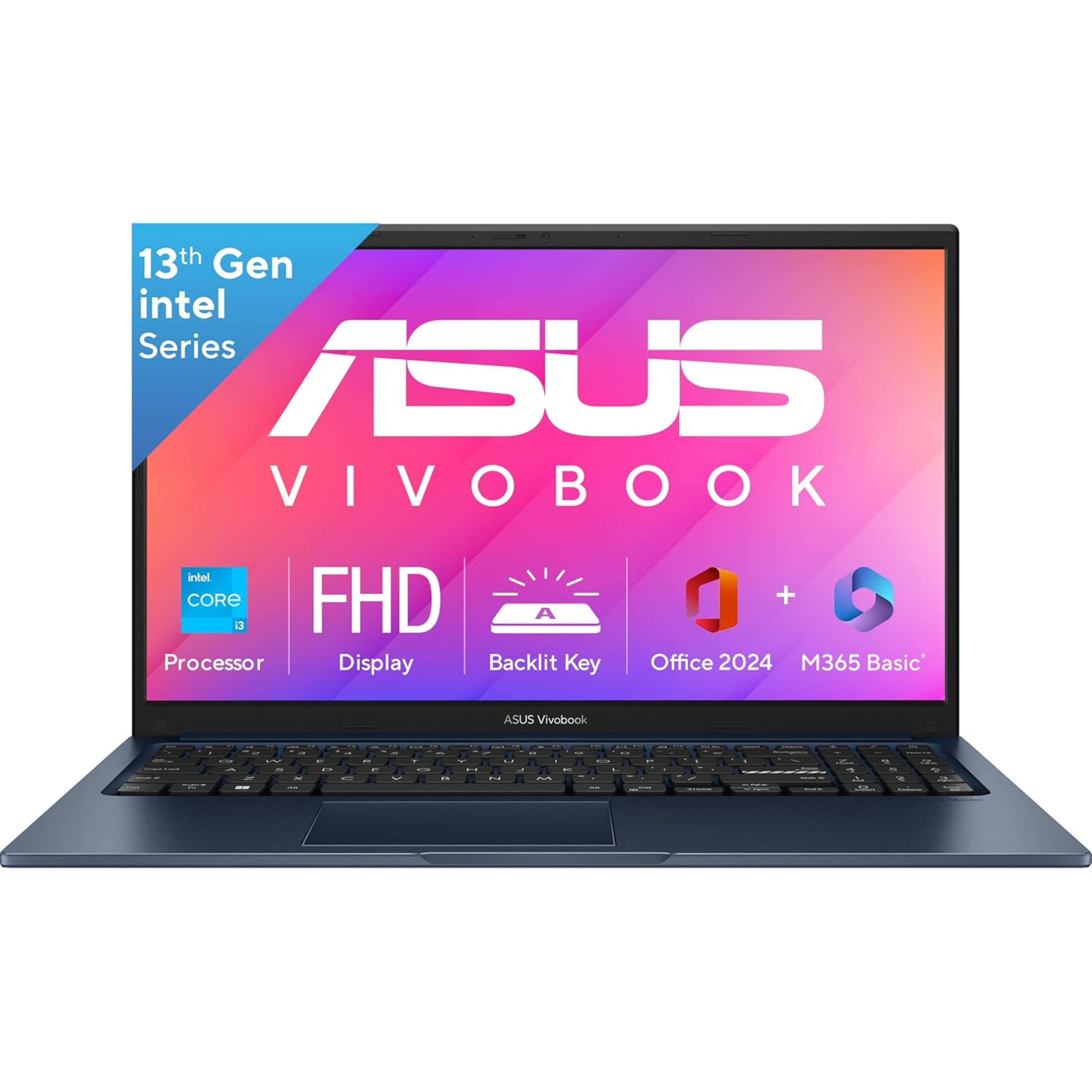 ASUS Vivobook 15 15.6" Full HD Anti-Glare Laptop - 13th Gen Intel Core i3-1315U, 16GB RAM, 512GB SSD, Backlit Keyboard, Windows 11 Home, MS Office 2024 & Microsoft 365 Basic (Quiet Blue, 1.70kg, X1504VA-BQ342WS)