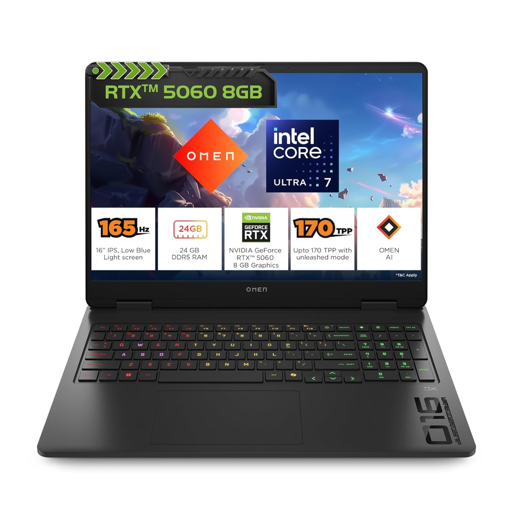 HP Omen 16 16.1" 2K 165Hz IPS Gaming Laptop - Intel Core Ultra 7 255H, 8GB NVIDIA GeForce RTX 5060, 24GB DDR5 RAM, 1TB SSD, 3ms, RGB Keyboard, Windows 11, MS Office 2024 (Shadow Black, 2.43kg, am0238tx)