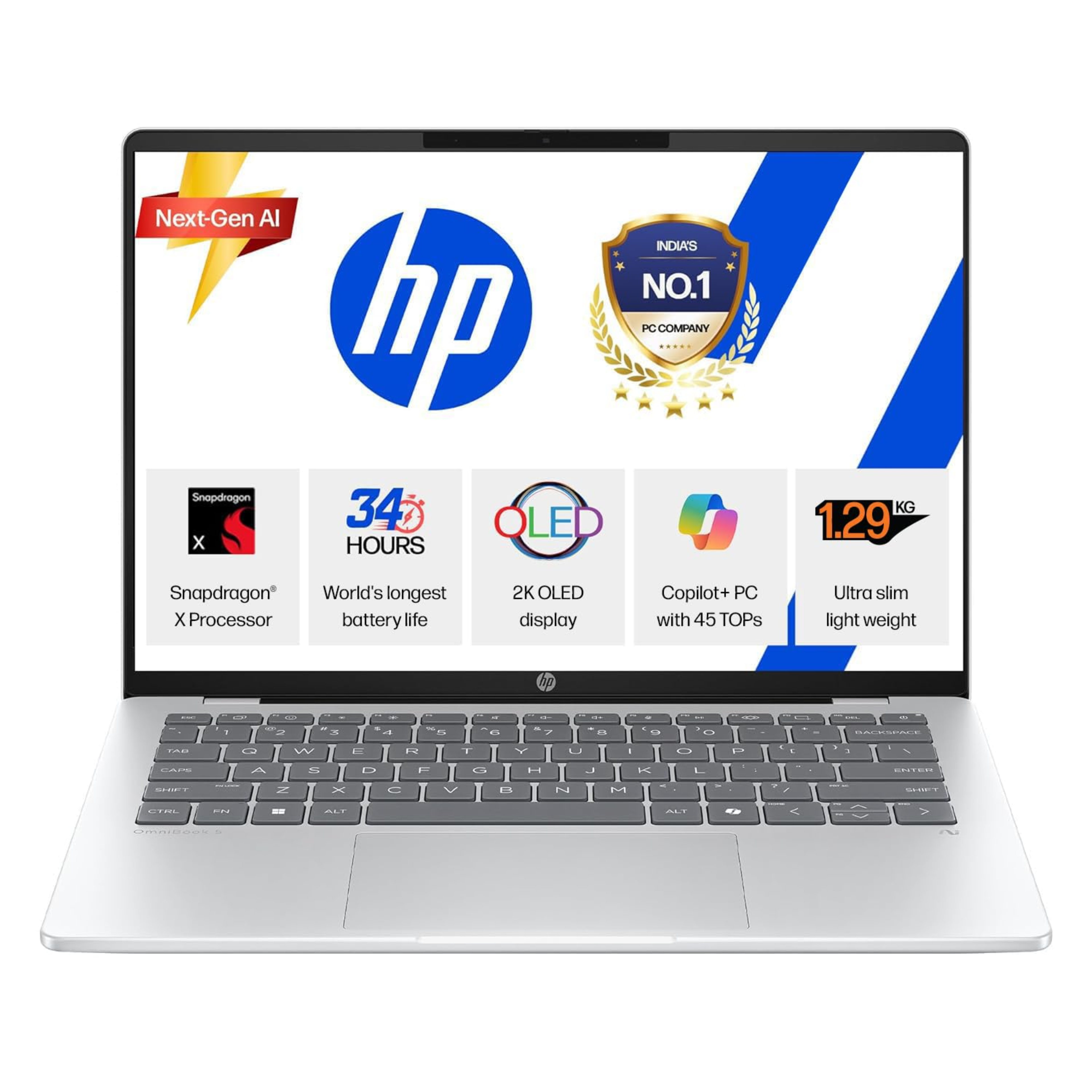 HP OmniBook 5 OLED 14.0" 2K Copilot+ AI Laptop - Snapdragon X Series Processor (45 TOPS NPU), 16GB LPDDR5x RAM, 1TB SSD, Multi-Day Battery, Windows 11 Home, MS Office 2024 (Silver, 1.29kg, he0015QU)