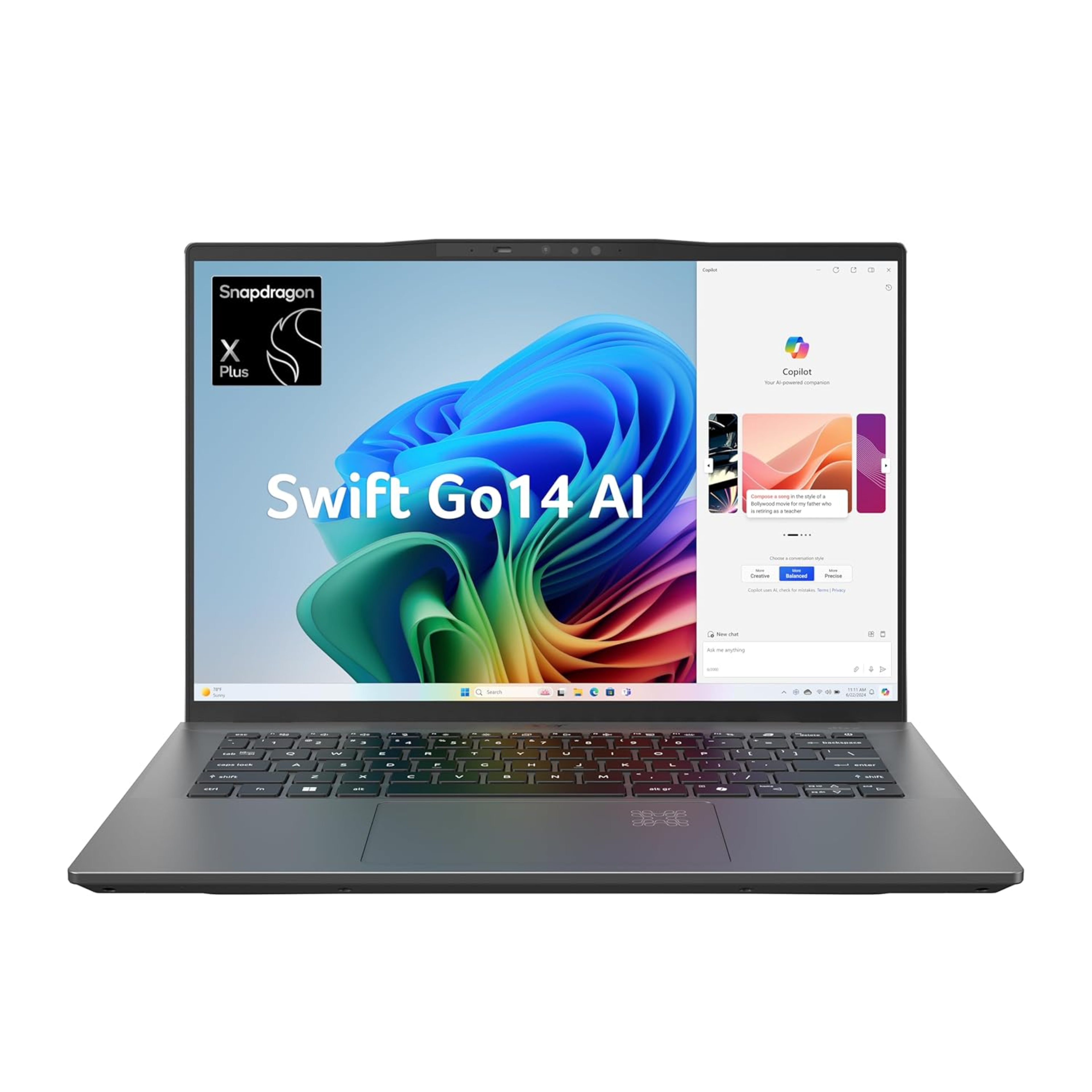 Acer Swift Go 14 AI PC 14.5" WUXGA Laptop - Qualcomm Snapdragon X Plus X1P-42-100, 16GB LPDDR5X RAM, 512GB SSD, 1440p IR Camera, Windows 11 Home, Office 2024 (Steel Grey, 1.32kg)