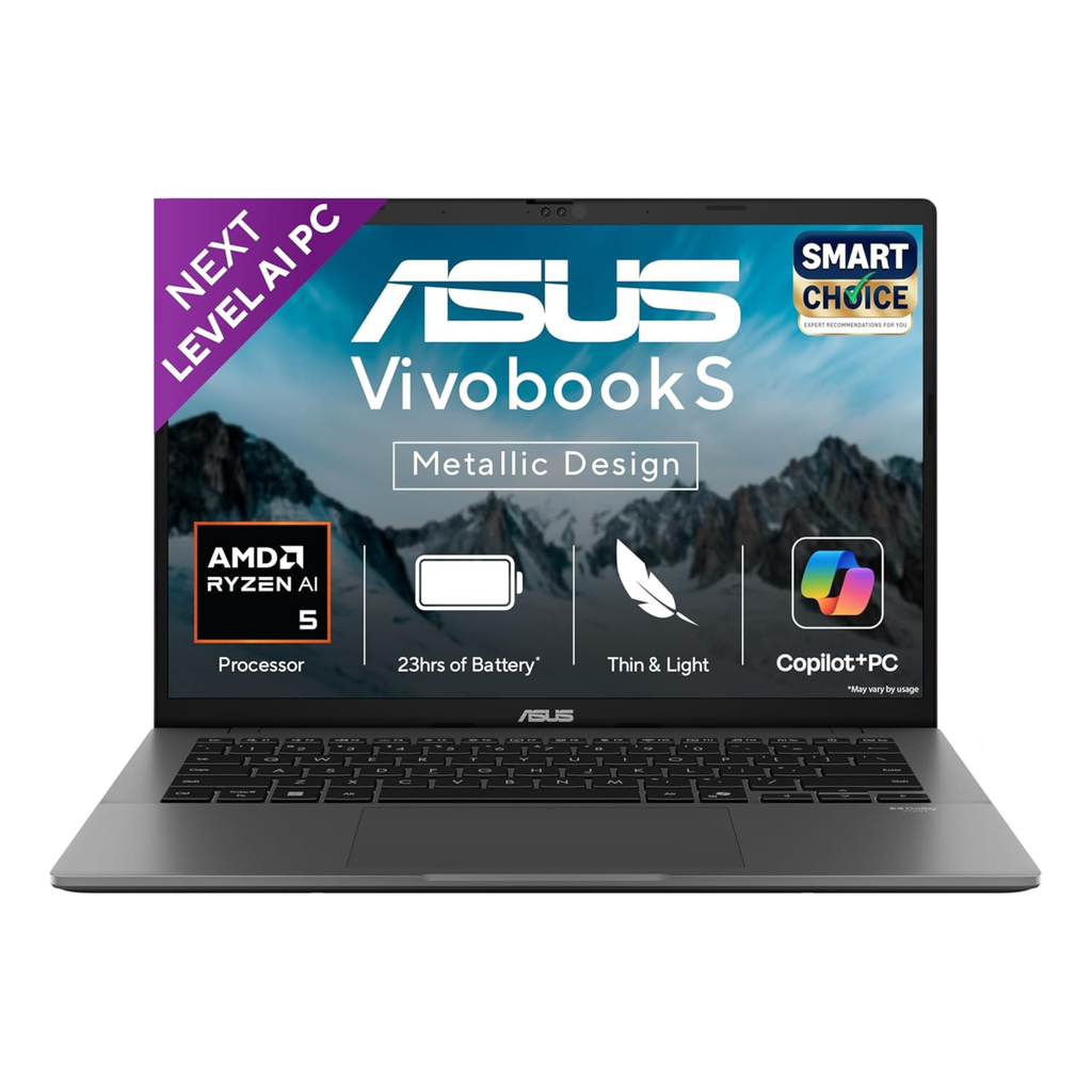ASUS Vivobook S14 Copilot+ AI Laptop 14.0" OLED Display - AMD Ryzen AI 5 330 (50 TOPS), 16GB RAM, 512GB SSD, Windows 11 Home, MS Office 2024 & Microsoft 365 Basic (Matte Gray, 1.40kg, M3407KA-SF044WS)