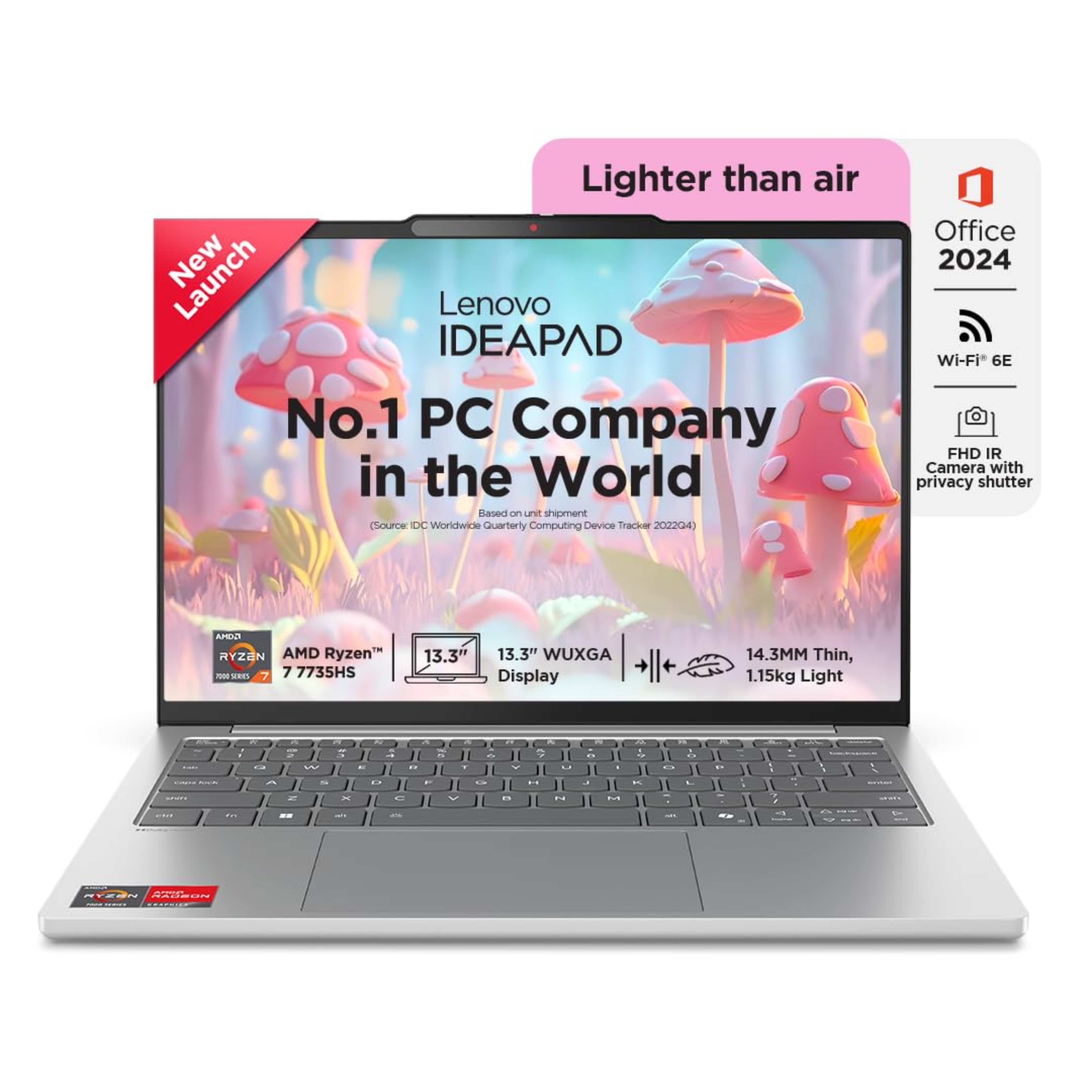 Lenovo IdeaPad Slim 5 13.3" WUXGA IPS Laptop - AMD Ryzen 7 7735HS, 16GB RAM, 512GB SSD, AMD Radeon 680M, Backlit KB, Win 11, Office 2024 (Grey, 1.15kg, 83J2000HIN)