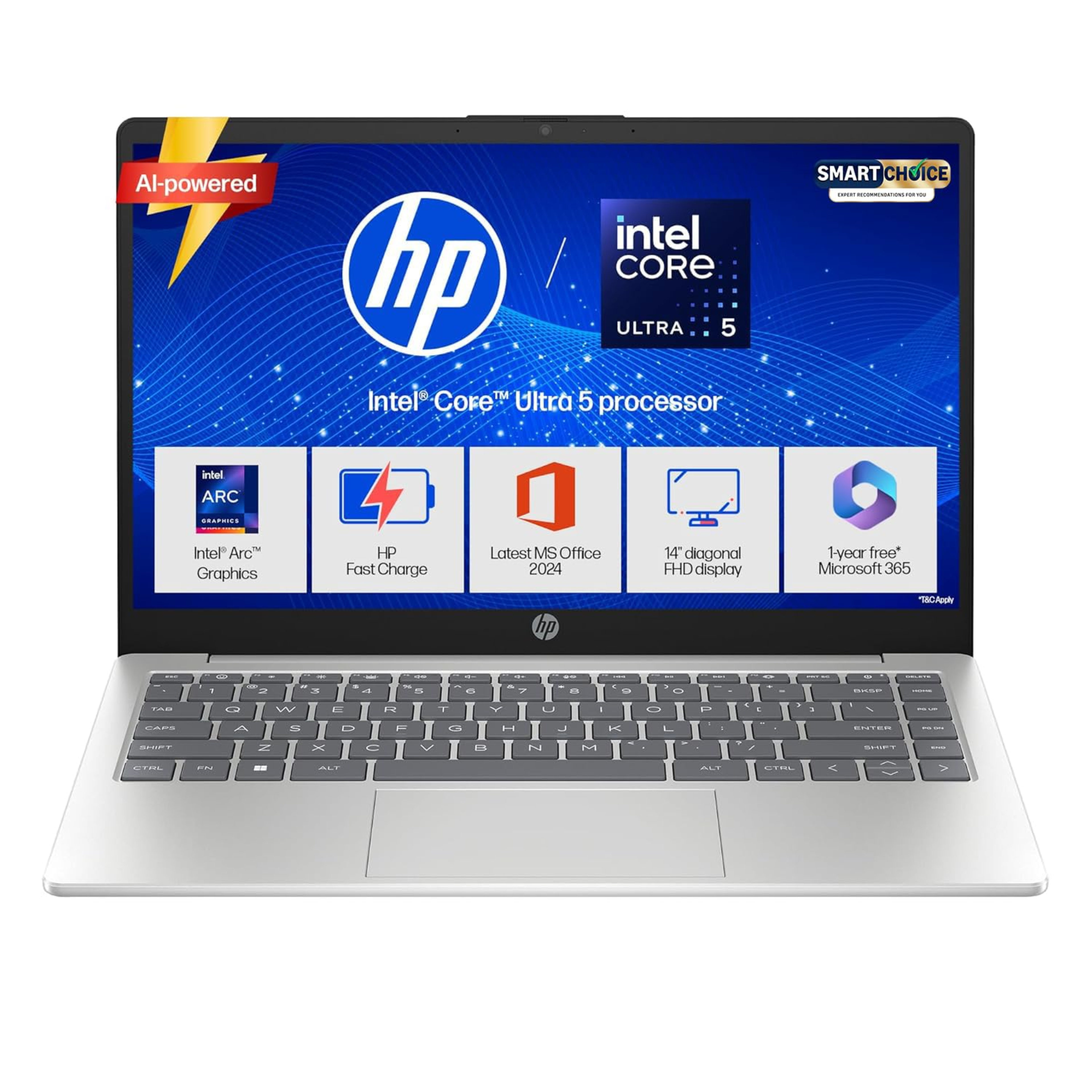 HP 14 14.0" FHD Anti-Glare Laptop - Intel Core Ultra 5 125H (12 TOPS NPU), 24GB DDR5 RAM, 1TB SSD, FHD Camera with Privacy Shutter, Backlit Keyboard, Windows 11 Home, MS Office 2024 & Microsoft 365 (Silver, 1.4kg, ep1180tu)