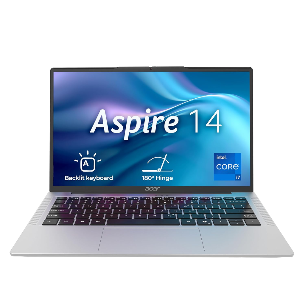 Acer Aspire 14" FHD IPS Thin & Light Laptop - 13th Gen Intel Core i7-13620H, 16GB RAM, 512GB SSD, Windows 11 Home, MS Office, Backlit KB, 180° Hinge (Pure Silver, AS14H-53)