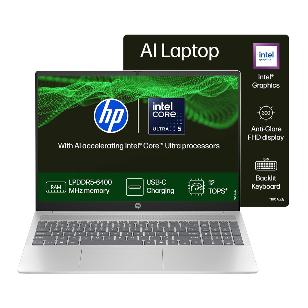 HP Pavilion 16 AI Laptop (af0015TU) 16" WUXGA IPS Anti-Glare - Intel Core Ultra 5 125U, Intel Graphics, 16GB LPDDR5 RAM, 512GB SSD, Backlit Keyboard, 1080p FHD Camera, Windows 11, MS Office 2021 (Silver, 1.77kg)