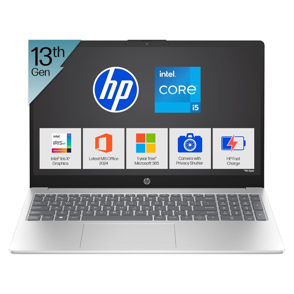 HP Laptop 15 15.6" FHD Thin & Light Laptop - Intel Core i5 13th Gen 1334U, Intel Iris Xe Graphics, 12GB DDR4 RAM, 512GB SSD, FHD Camera with Privacy Shutter, Windows 11, MS Office 2024 (Silver, 1.59kg, fd0575TU)