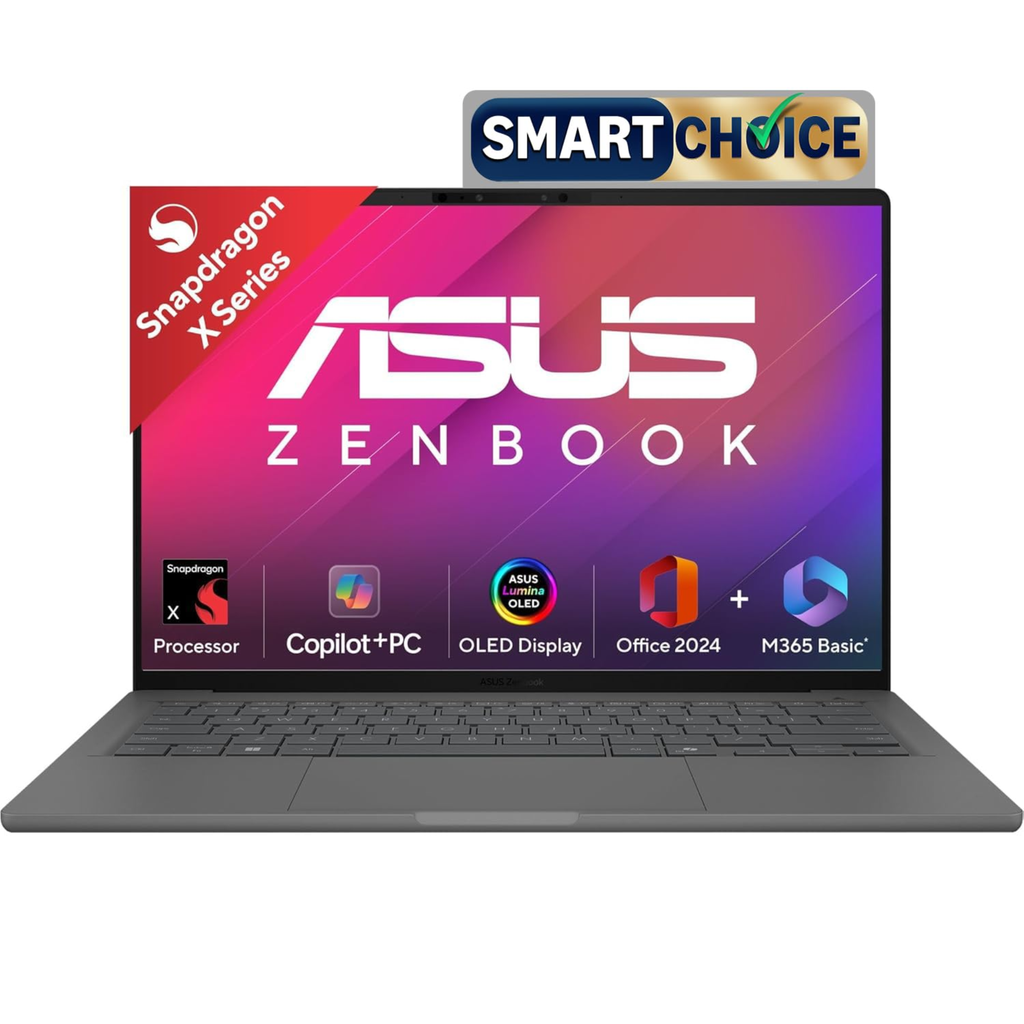 ASUS Zenbook A14 OLED 14.0" Copilot+ PC Laptop - Qualcomm Snapdragon X Processor, 16GB RAM, 512GB SSD, Windows 11 Home, MS Office 2024 & Microsoft 365 Basic, Metal Body (Iceland Gray, 0.9kg, UX3407QA-QD259WS)