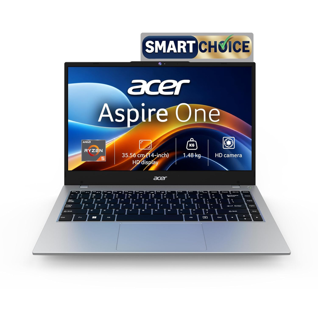 Acer Aspire One 14" WXGA Thin & Light Laptop - AMD Ryzen 5, 8GB LPDDR5 RAM, 512GB SSD, Windows 11 Home, MS Office 2024, HD Camera (Pure Silver, A114-43)