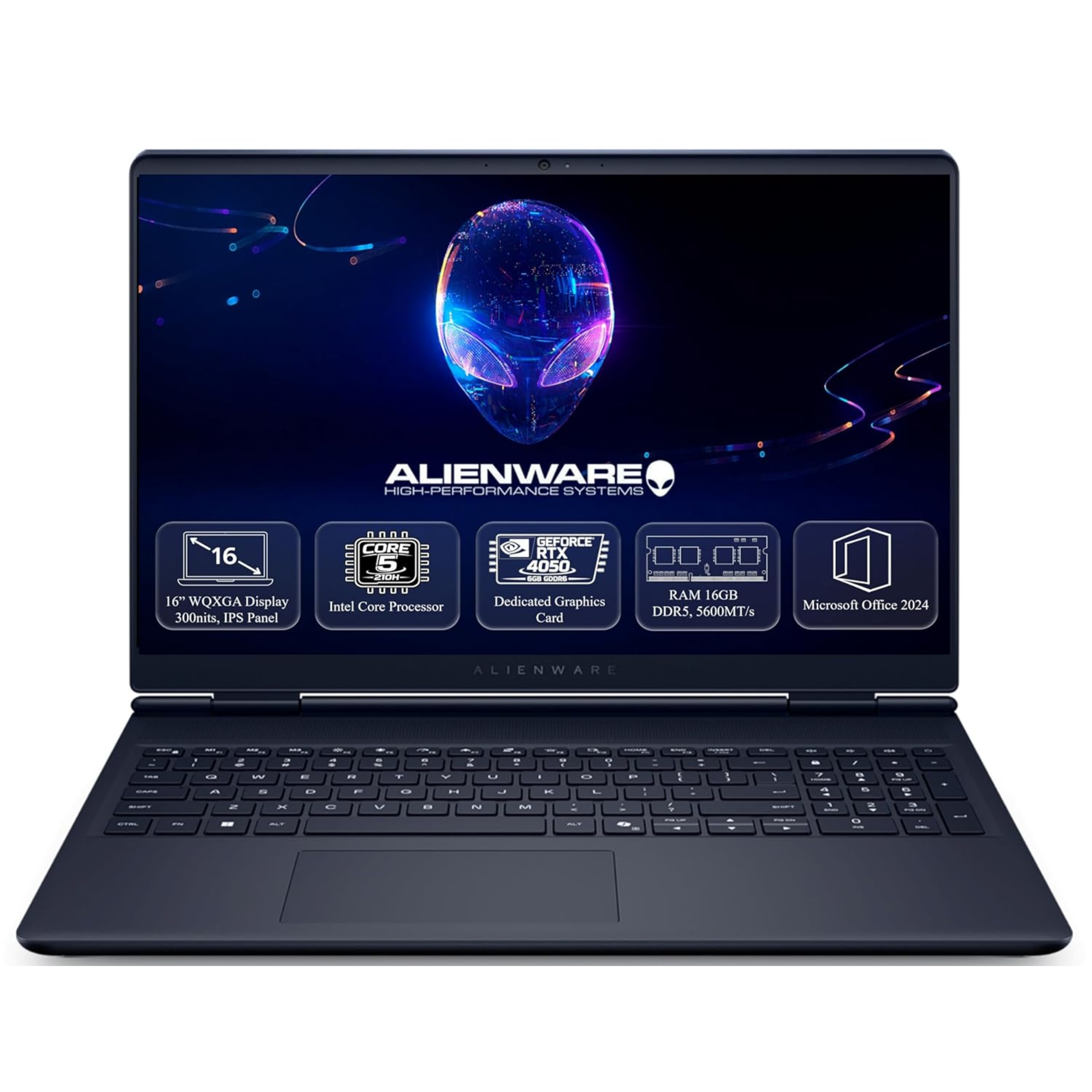 Alienware 16 Aurora Gaming Laptop 16" WQXGA 300Nits - Intel Core 5-210H, 16GB DDR5, 512GB SSD, NVIDIA GeForce RTX 4050 6GB GDDR6, White Backlit Keyboard, Win 11 Home, MS Office 2024 (Interstellar Indigo, 2.57kg, AC16250)