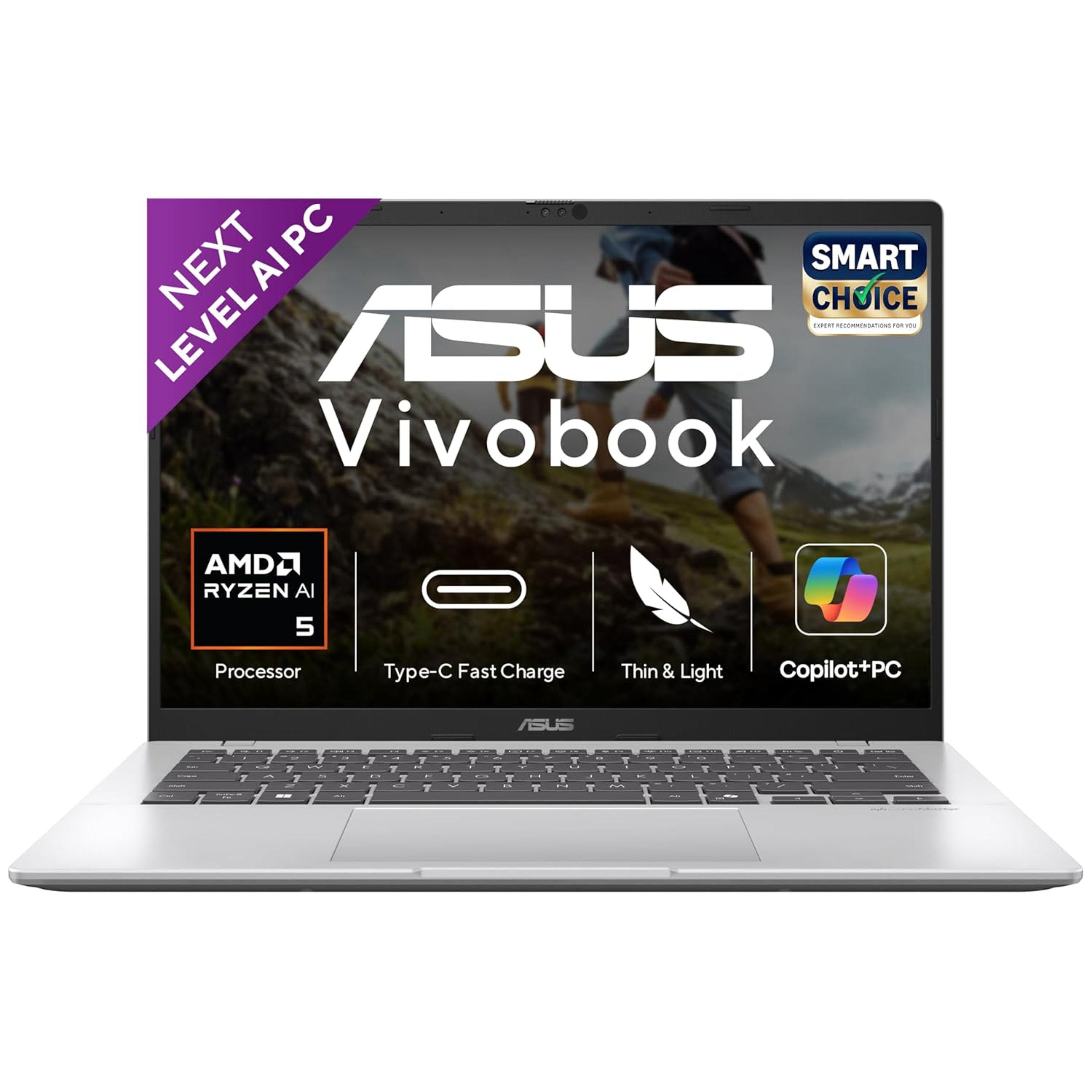 ASUS Vivobook 14 Copilot+ AI Laptop 14.0" FHD+ Display - AMD Ryzen AI 5 330 (50 TOPS), AMD Radeon iGPU, 16GB RAM, 512GB SSD, Type-C Fast Charge, Windows 11 Home, MS Office 2024 & Microsoft 365 Basic (Cool Silver, 1.46kg, M1407KA-LY131WS)