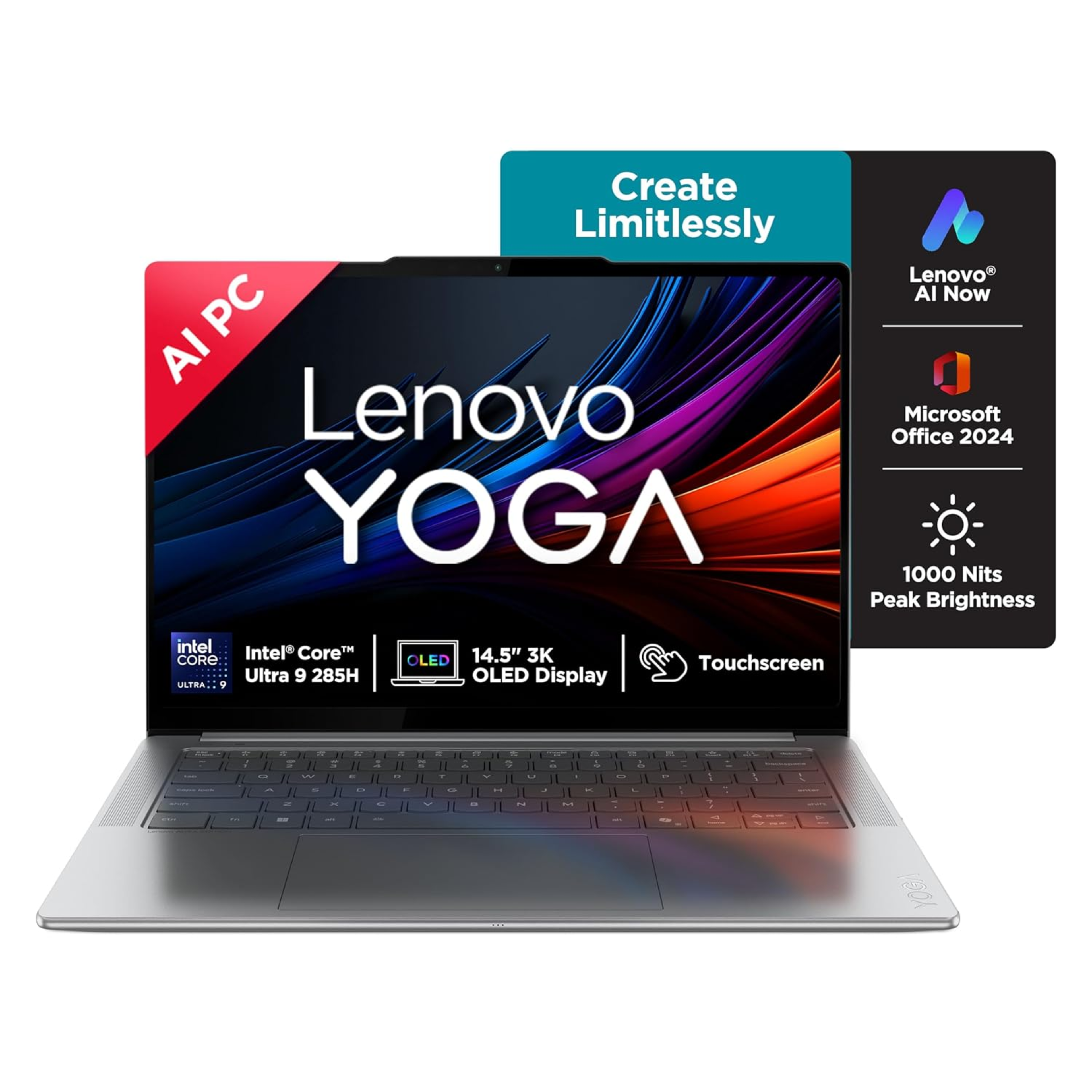 Lenovo Yoga Pro 7 Aura Edition 14.5" 3K OLED Touchscreen Laptop - Intel Evo Core Ultra 9 285H, 32GB RAM, 1TB SSD, Copilot+ AI PC, Windows 11, Office Home 2024, Lenovo AI Now (Grey, 1.5kg, 83KF004CIN)