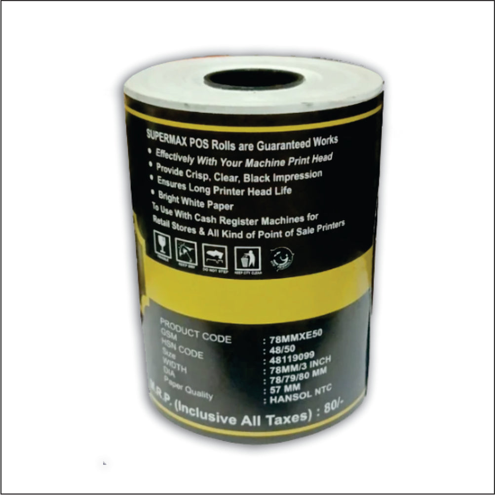 SUPERMAX PREMIUM THERMAL PAPER POS ROLLS 78/79/80 MM 3 INCHES E50  PACK OF 10ROLLS
