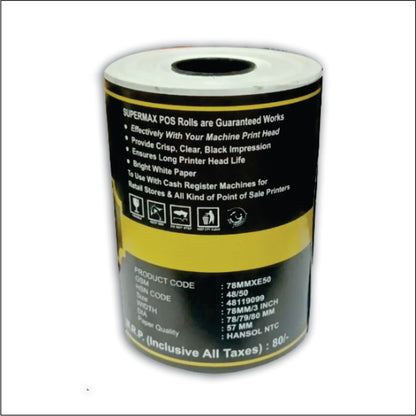 SUPERMAX PREMIUM THERMAL PAPER POS ROLLS 78/79/80 MM 3 INCHES E50  PACK OF 10ROLLS