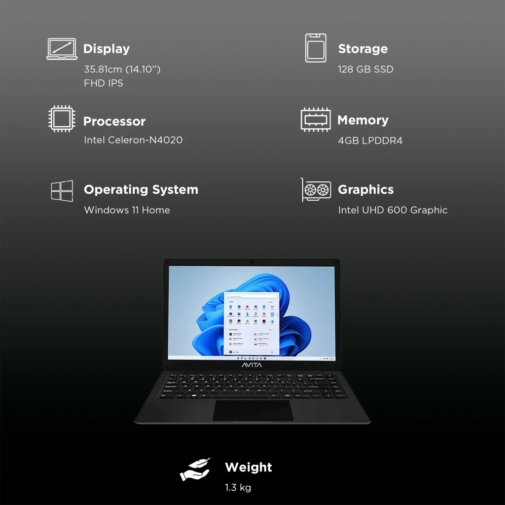 AVITA Ultimus NU14A1 14" FHD Laptop - Intel Celeron N4020, 4GB RAM, 128GB SSD, Win 10 Home, MS Office (Space Grey, 1.30kg)