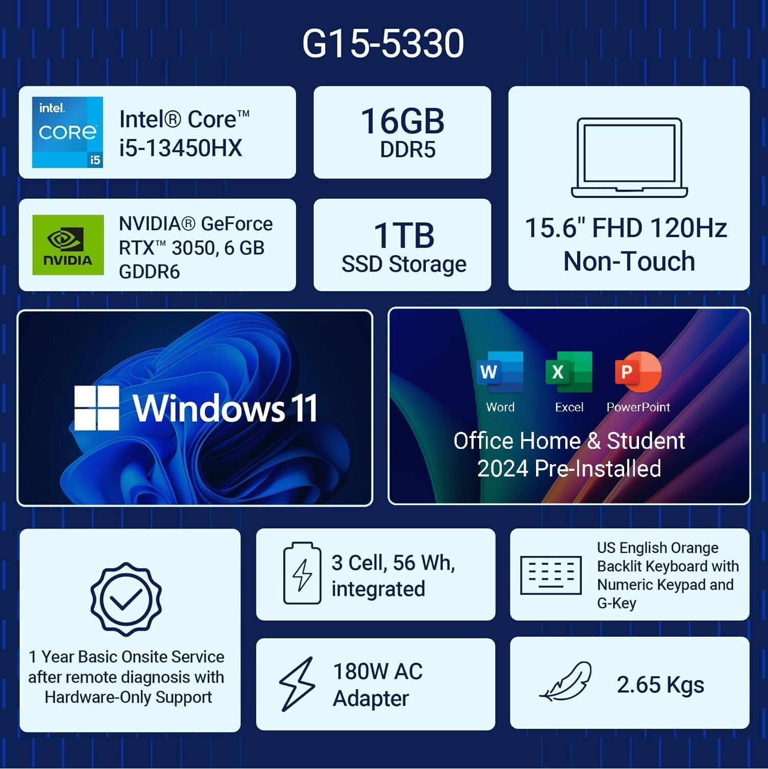 Dell G15 5530 Gaming Laptop | Intel Core i5-13450HX | RTX 3050 6GB | 16GB RAM | 512GB SSD | 15.6" FHD 120Hz | Windows 11 | MS Office 2024