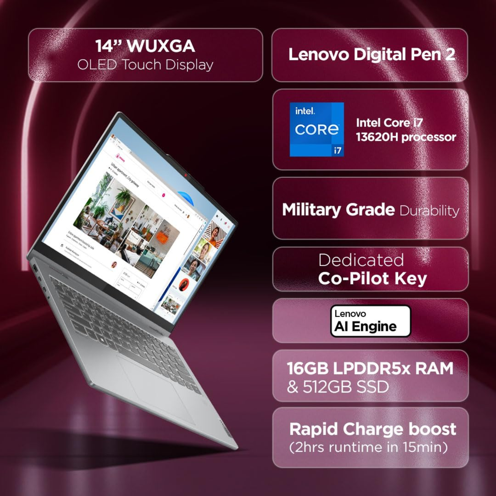 Lenovo IdeaPad 5 2-in-1 Convertible 14.0" WUXGA OLED Laptop - 13th Gen Intel Core i7 13620H, 16GB RAM, 512GB SSD, 400Nits, Win 11, Office Home 2024, Fingerprint Reader, Stylus Pen, 1 Year ADP Free (Grey, 1.5kg, 83KX004RIN)