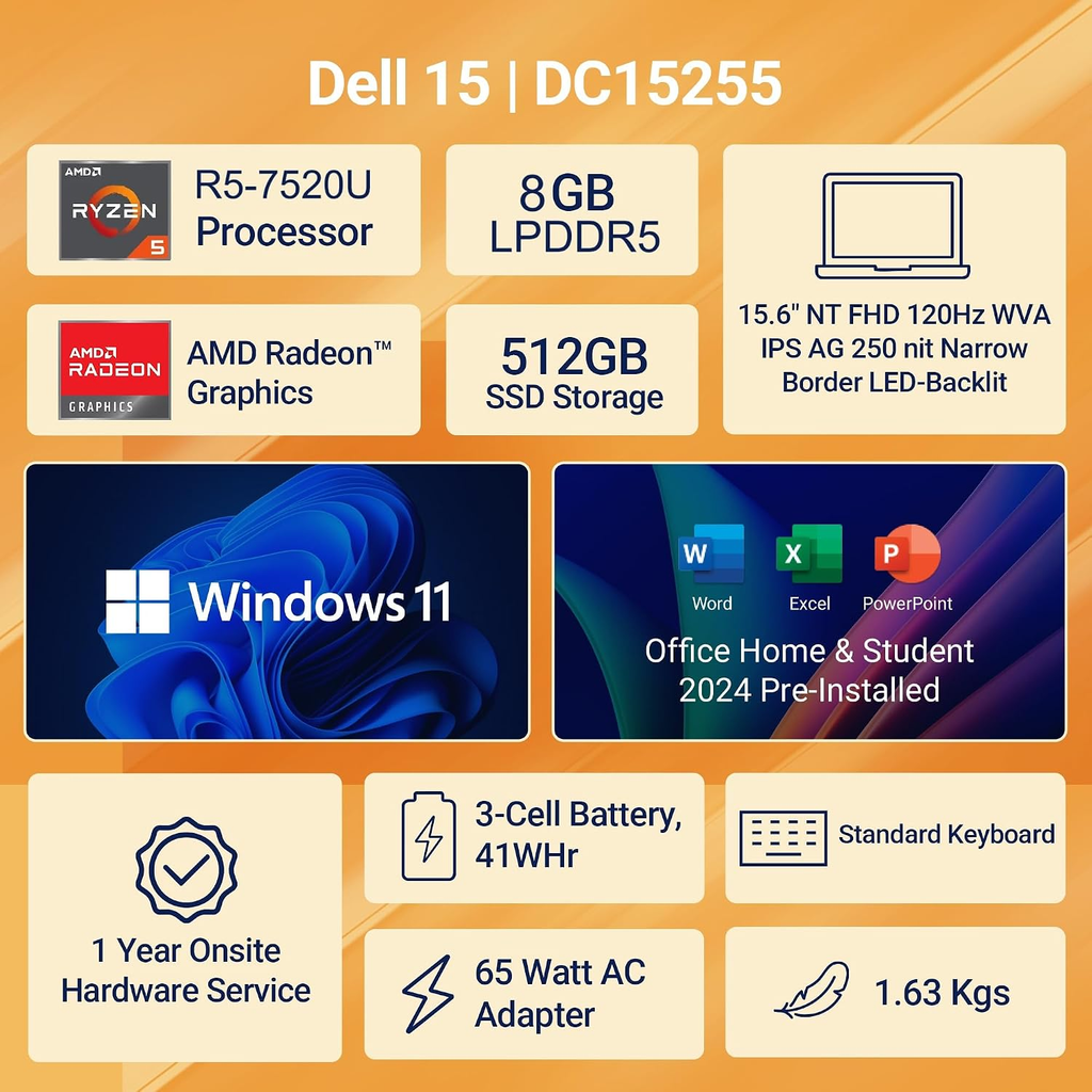 Dell 15 Laptop (Previously Inspiron) | AMD Ryzen 5 7520U | 8GB LPDDR5 RAM | 512GB SSD | 15.6" Full HD Display | Windows 11 Home | Thin & Light | Carbon Black