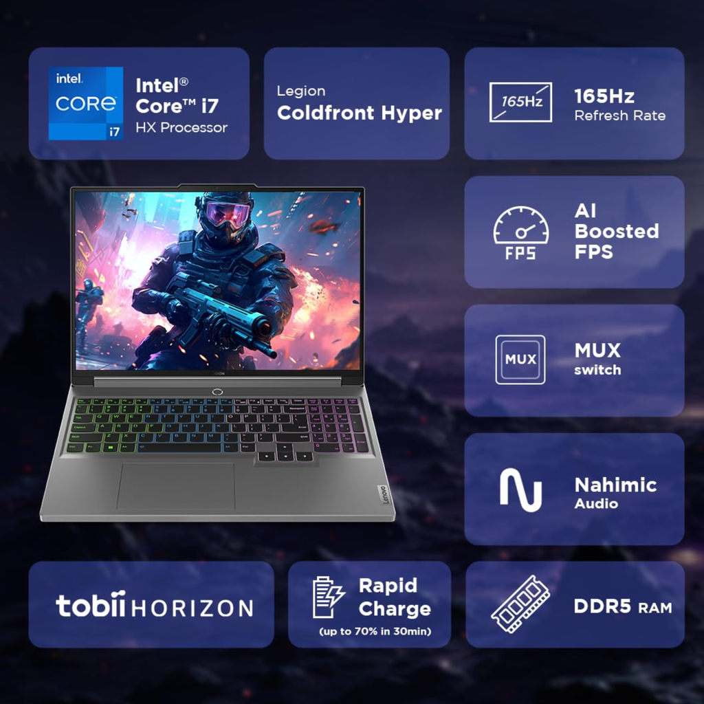 Lenovo Legion 5 16.0" WQXGA IPS 165Hz Gaming Laptop - 14th Gen Intel Core i7 14650HX, NVIDIA RTX 4070 8GB (TDP up to 170W), 16GB RAM, 1TB SSD, 100% sRGB, Win 11, Office 2021, Alexa (Grey, 2.3kg, 83DG009DIN)