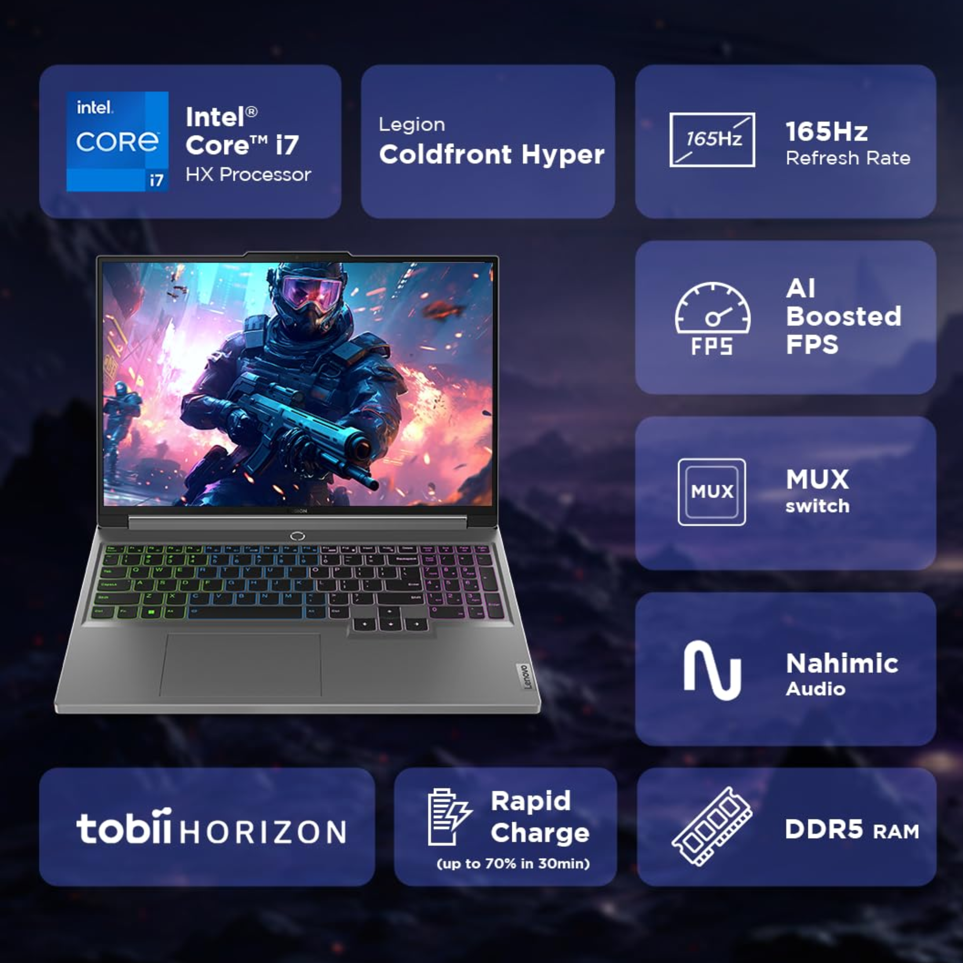 Lenovo Legion 5 16.0" WQXGA IPS 165Hz Gaming Laptop - 14th Gen Intel Core i7 14650HX, NVIDIA RTX 4070 8GB (TDP up to 170W), 16GB RAM, 1TB SSD, 100% sRGB, Win 11, Office 2021, Alexa (Grey, 2.3kg, 83DG009DIN)