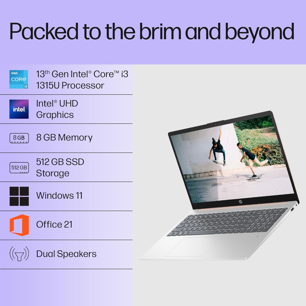 HP 15 Thin & Light Laptop 15.6" FHD Anti-Glare - 13th Gen Intel Core i3-1315U, 8GB DDR4, 512GB SSD, Intel UHD Graphics, 1080p FHD Camera, Win 11, MSO 21 (Natural Silver, 1.59kg, 15-fd0465TU)