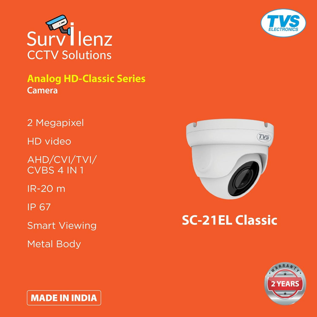 TVS Electronics SC-21EL Classic 2MP HD Eyeball CCTV Camera (IP67 Weatherproof, Night Vision, Metal Body, 30 FPS Recording)