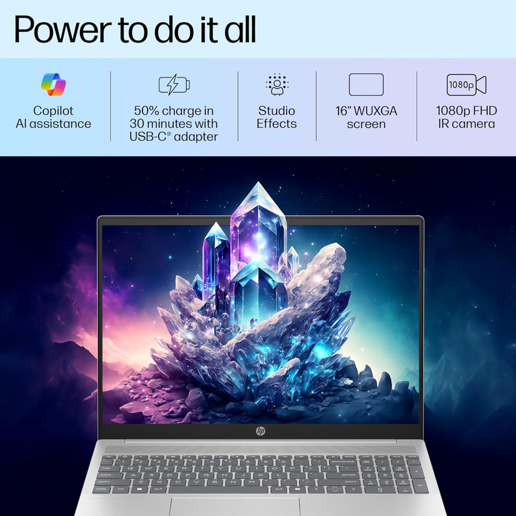 HP Pavilion 16 AI Laptop (af0015TU) 16" WUXGA IPS Anti-Glare - Intel Core Ultra 5 125U, Intel Graphics, 16GB LPDDR5 RAM, 512GB SSD, Backlit Keyboard, 1080p FHD Camera, Windows 11, MS Office 2021 (Silver, 1.77kg)