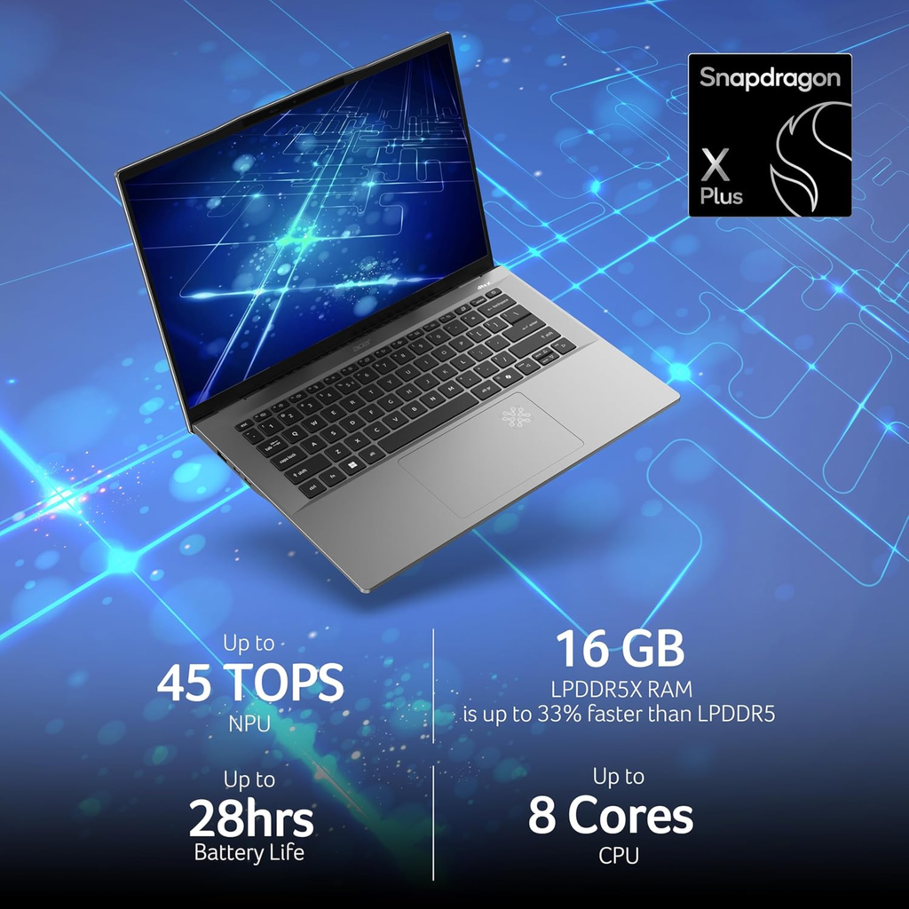 Acer Swift Go 14 AI PC 14.5" WUXGA Laptop - Qualcomm Snapdragon X Plus X1P-42-100, 16GB LPDDR5X RAM, 512GB SSD, 1440p IR Camera, Windows 11 Home, Office 2024 (Steel Grey, 1.32kg)