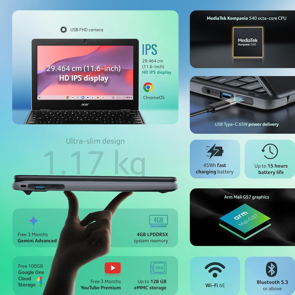 Acer Chromebook C725 11.6" Full HD Laptop - MediaTek Kompanio 540 Octa-Core, 4GB RAM, 64GB eMMC, Chrome OS, WiFi 6E, MIL-STD 810H Durable (Black, 1.2kg)