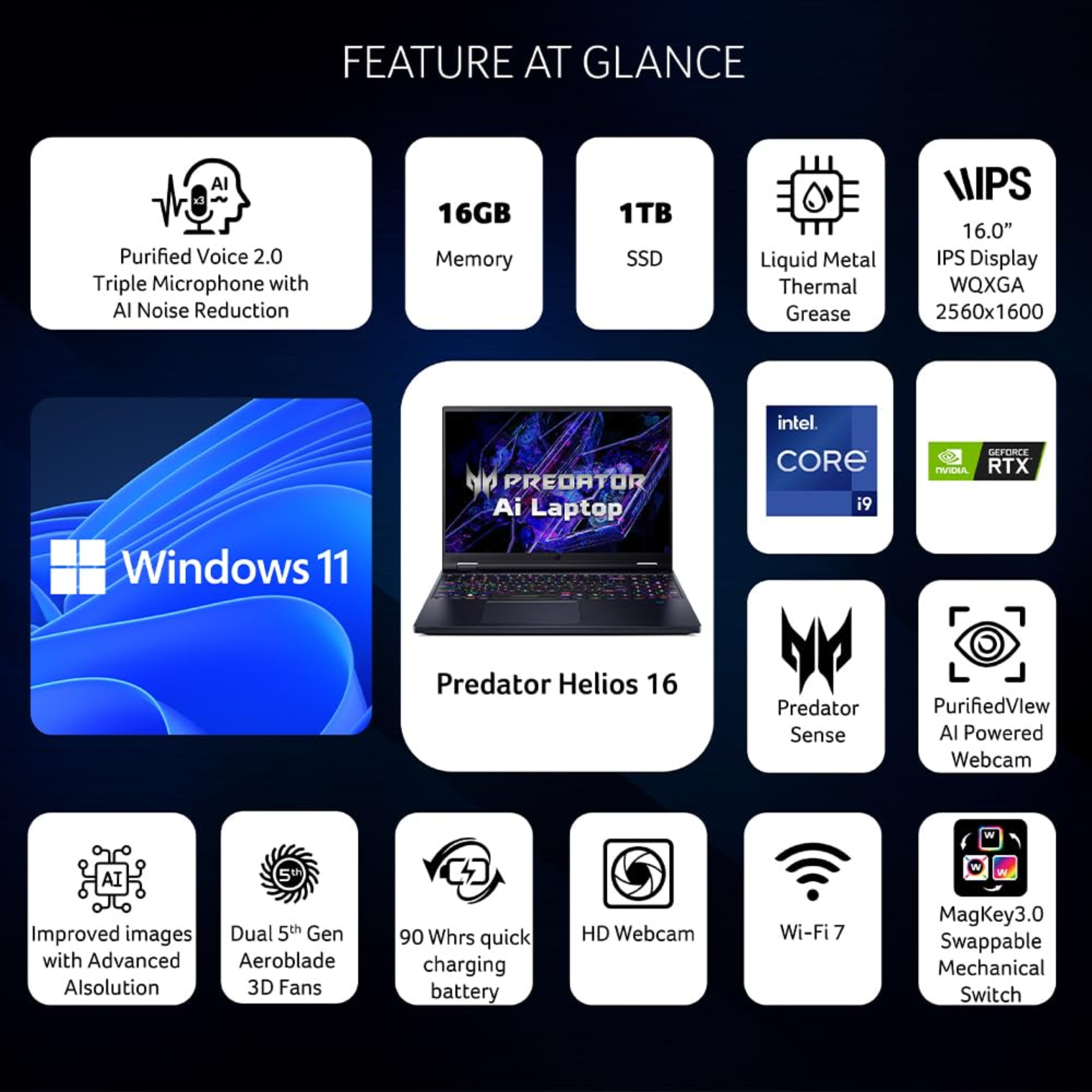 Acer Predator Helios 16 AI Gaming Laptop 16" WQXGA - 14th Gen Intel Core i9, 16GB RAM, 1TB SSD, NVIDIA GeForce RTX 4070, Windows 11 Home (Abyssal Black, PH16-72)